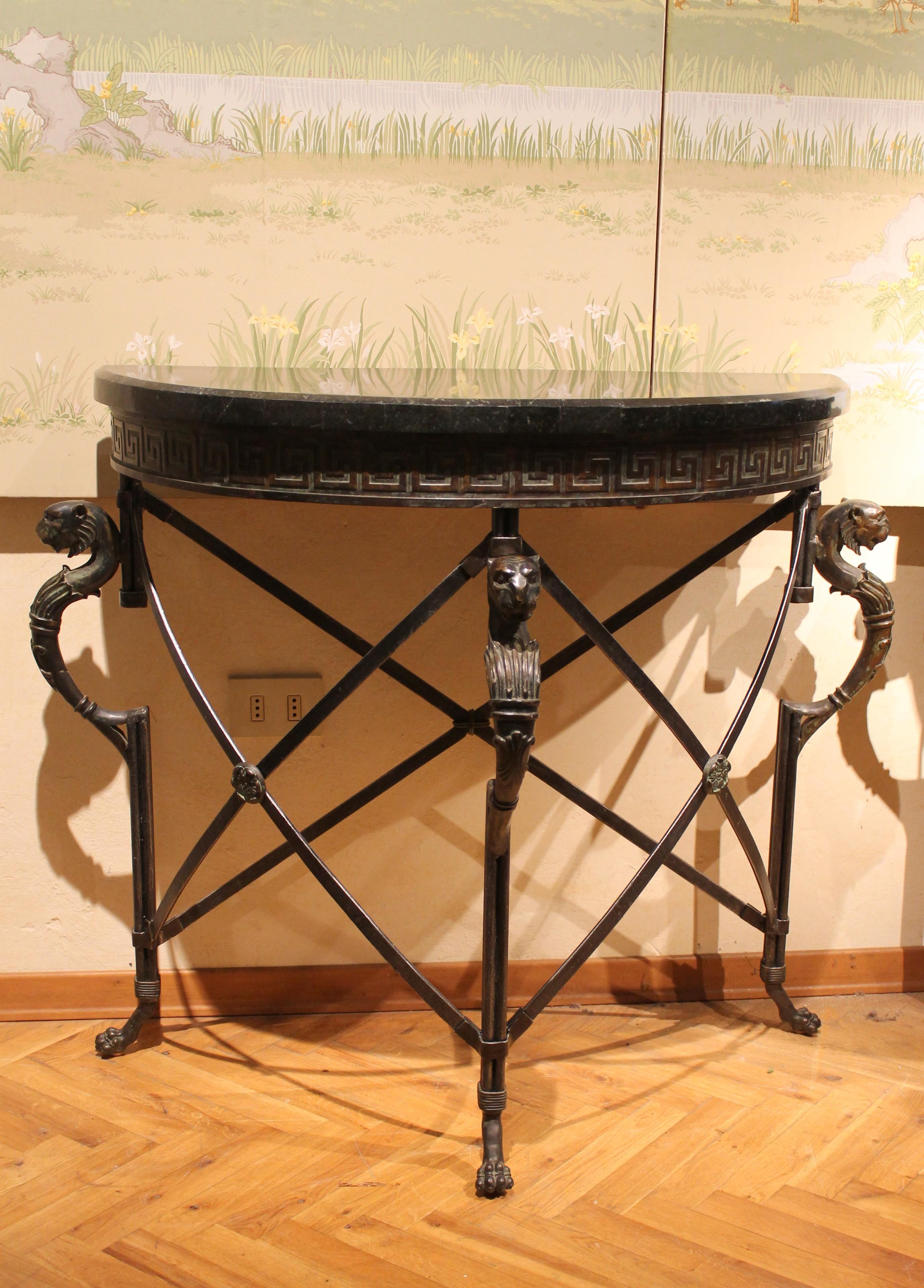 Italian Half Moon Design Wrought Iron Console Tables with Griffin and Marble Top 6