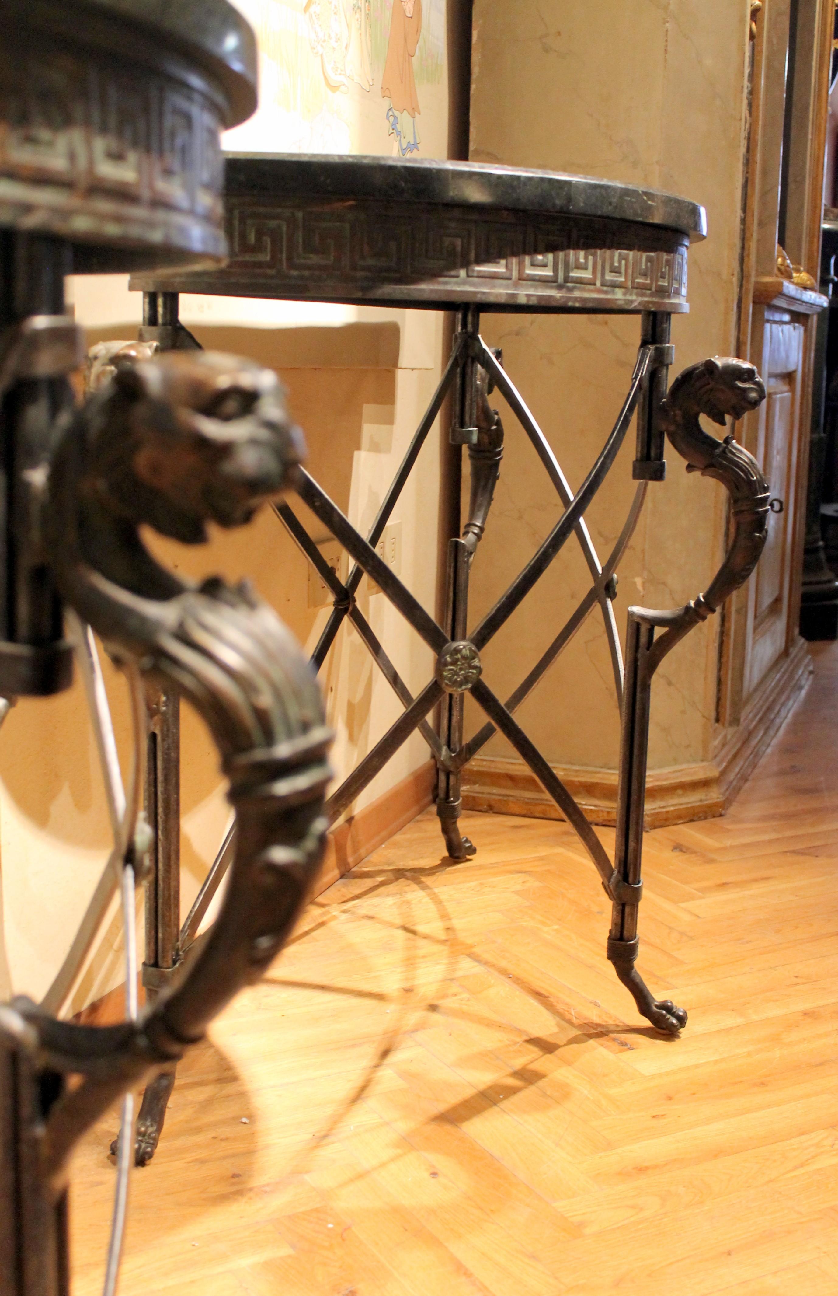 Italian Half Moon Design Wrought Iron Console Tables with Griffin and Marble Top 7