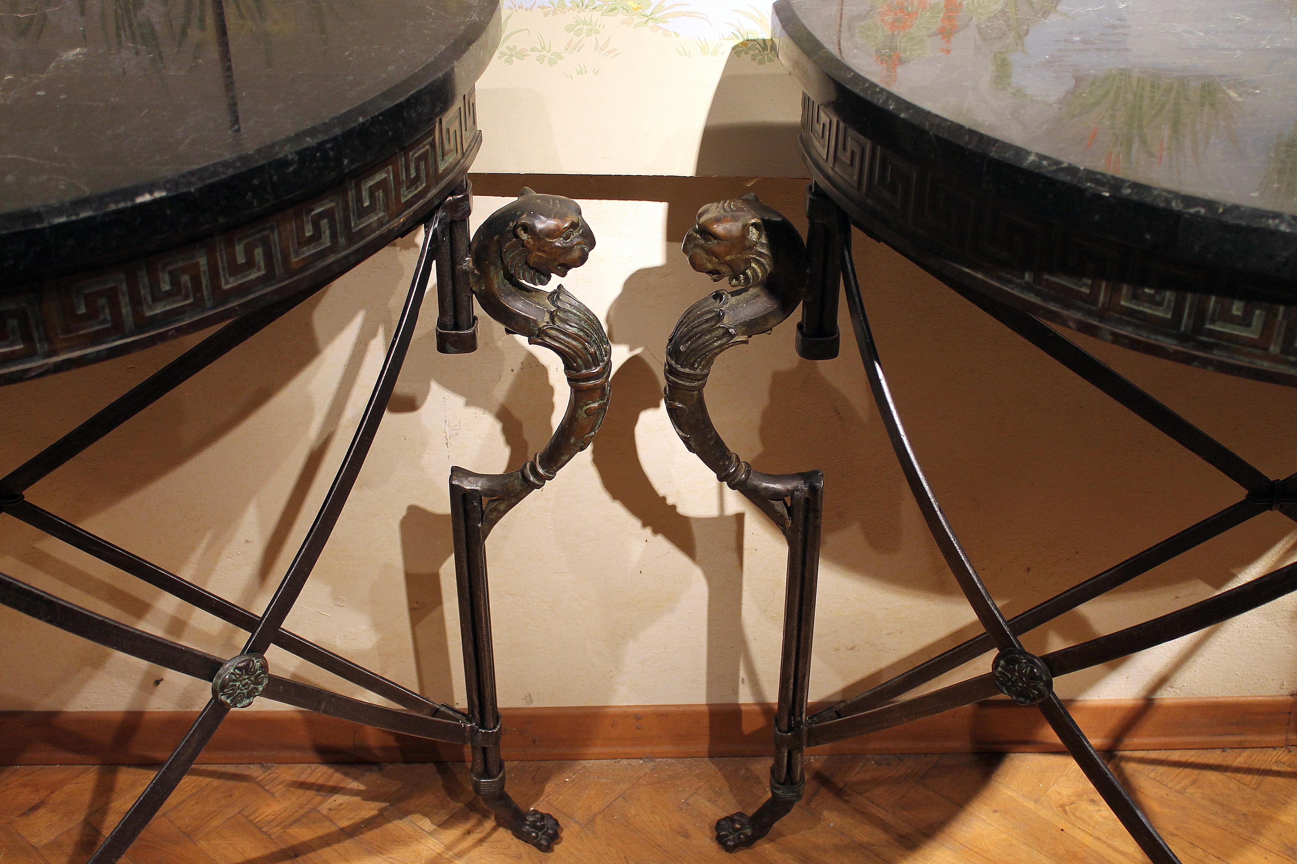 Italian Half Moon Design Wrought Iron Console Tables with Griffin and Marble Top 7