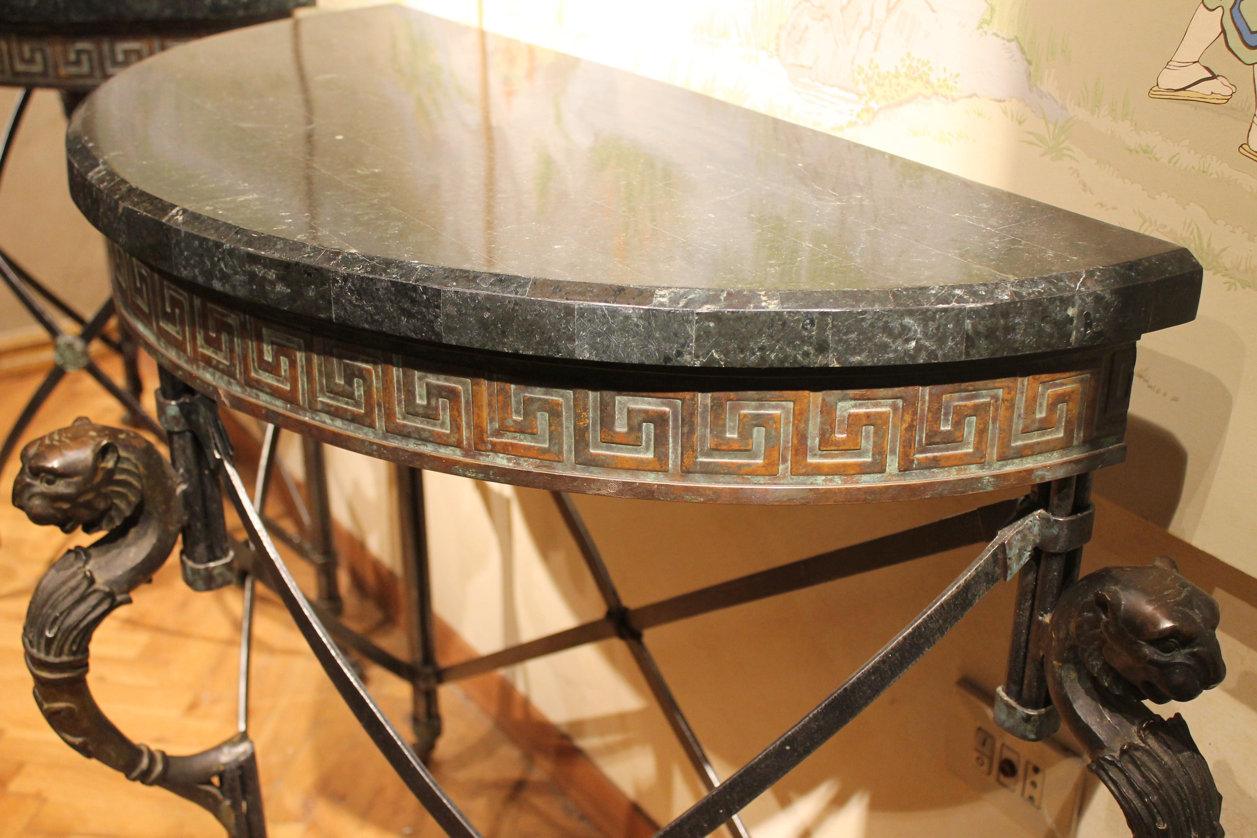 Italian Half Moon Design Wrought Iron Console Tables with Griffin and Marble Top 10