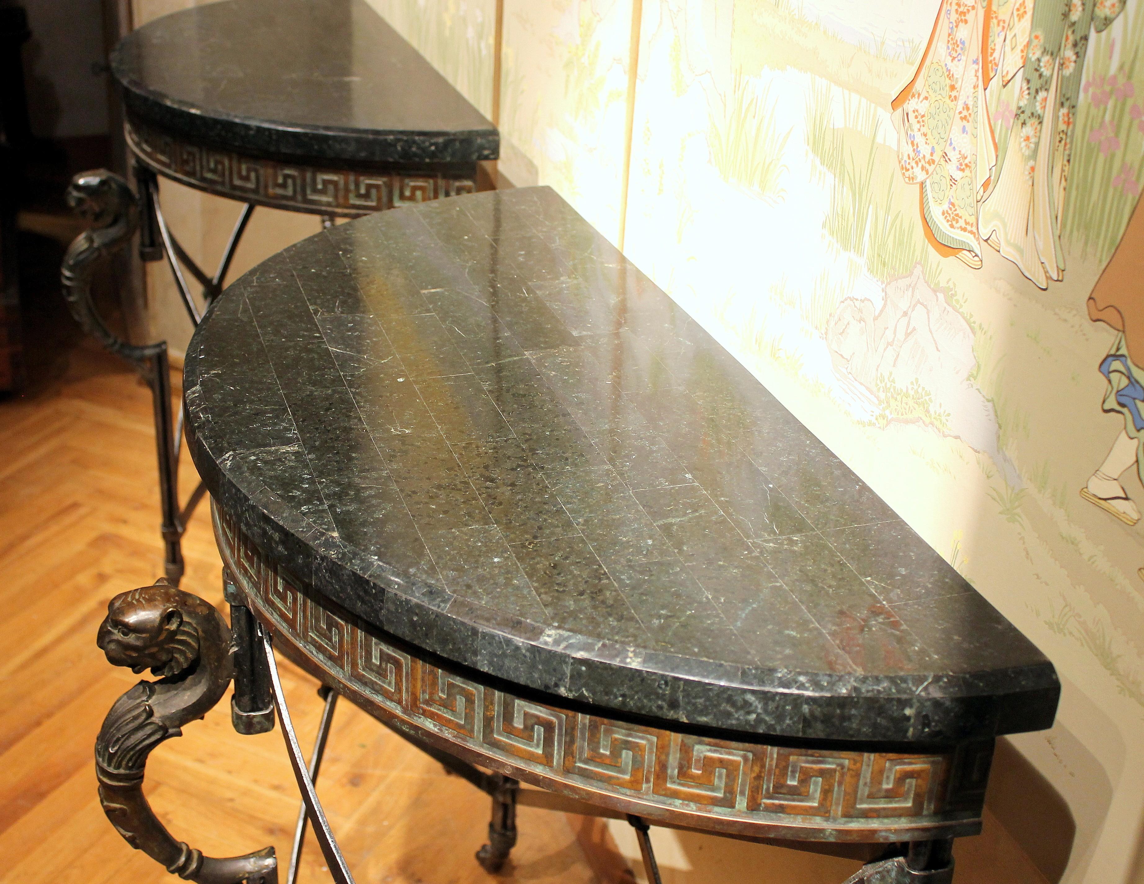 Italian Half Moon Design Wrought Iron Console Tables with Griffin and Marble Top In Good Condition In Firenze, IT
