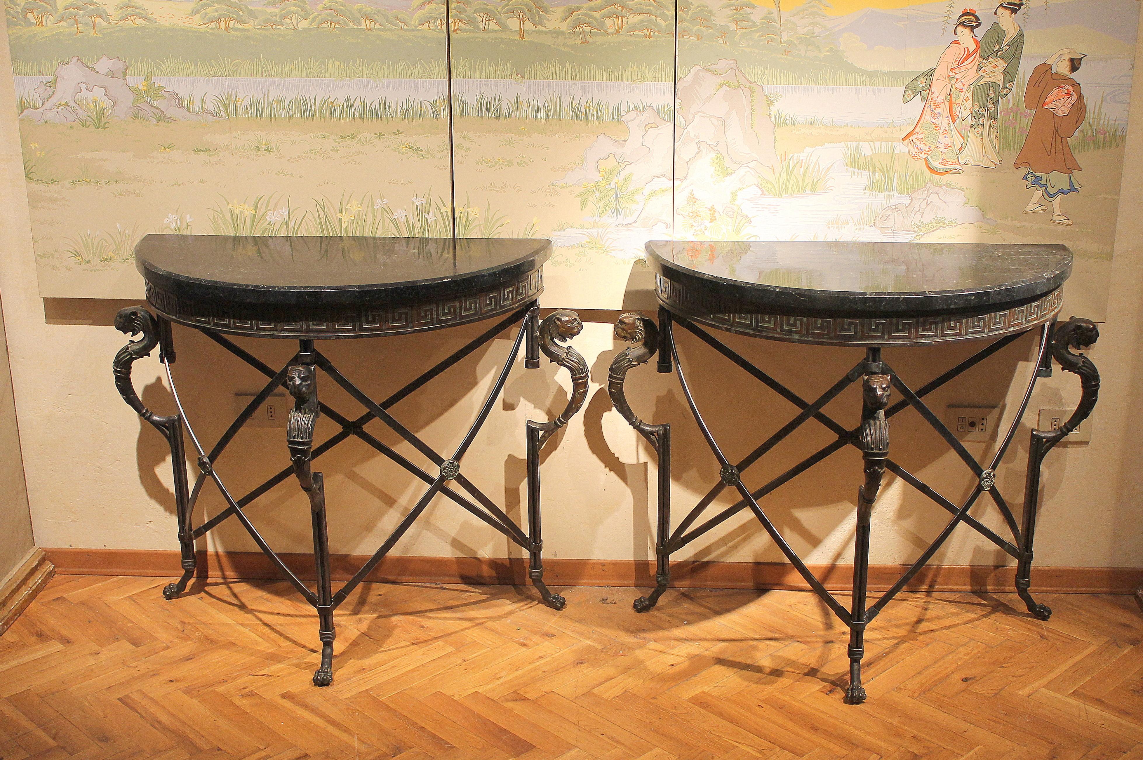20th Century Italian Half Moon Design Wrought Iron Console Tables with Griffin and Marble Top