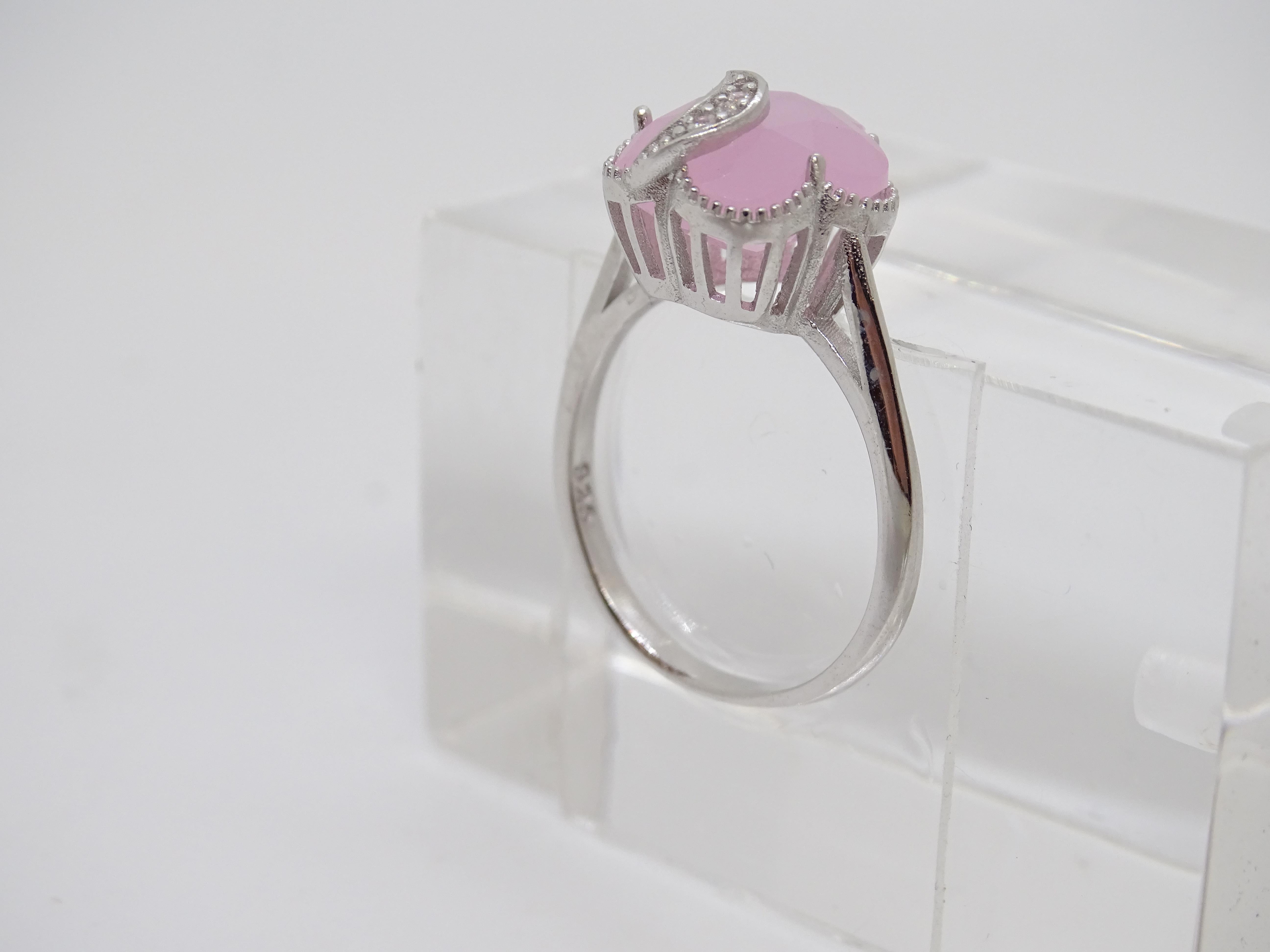 Italian Half Moon Ring, Rose Quartz and Cubic Zirconia, 925 Sterling Silver For Sale 4