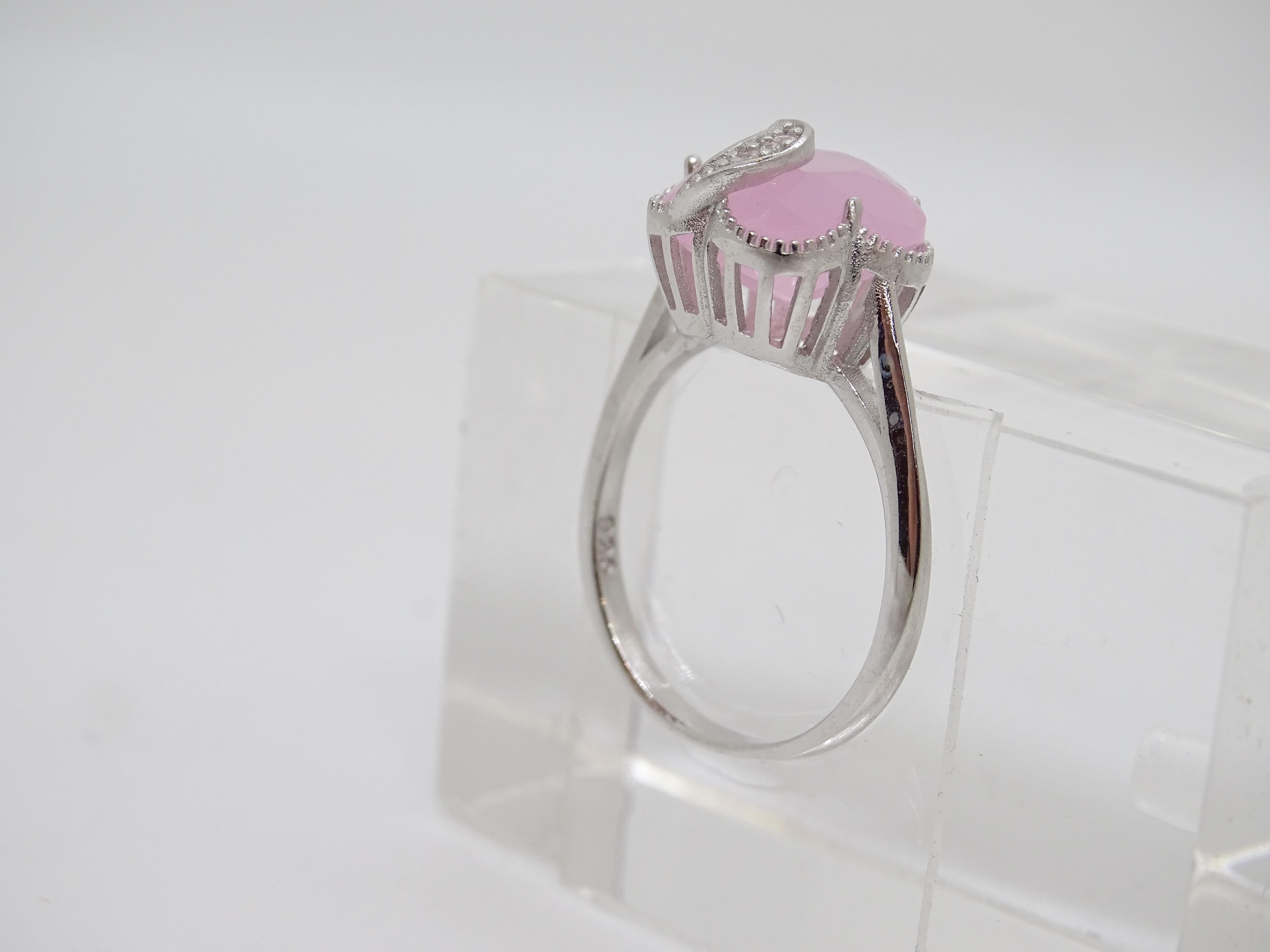 Italian Half Moon Ring, Rose Quartz and Cubic Zirconia, 925 Sterling Silver For Sale 5