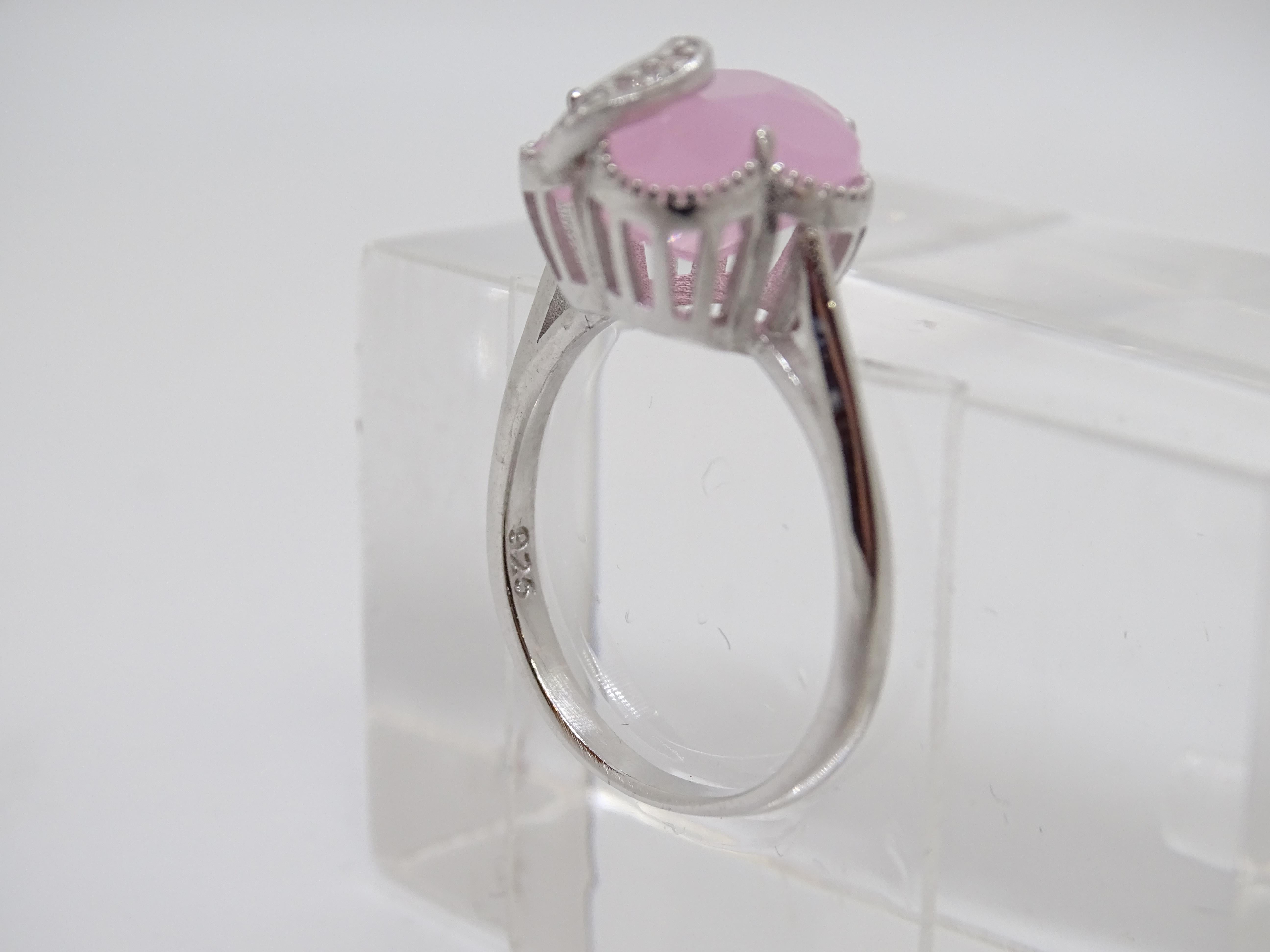 Italian Half Moon Ring, Rose Quartz and Cubic Zirconia, 925 Sterling Silver For Sale 6