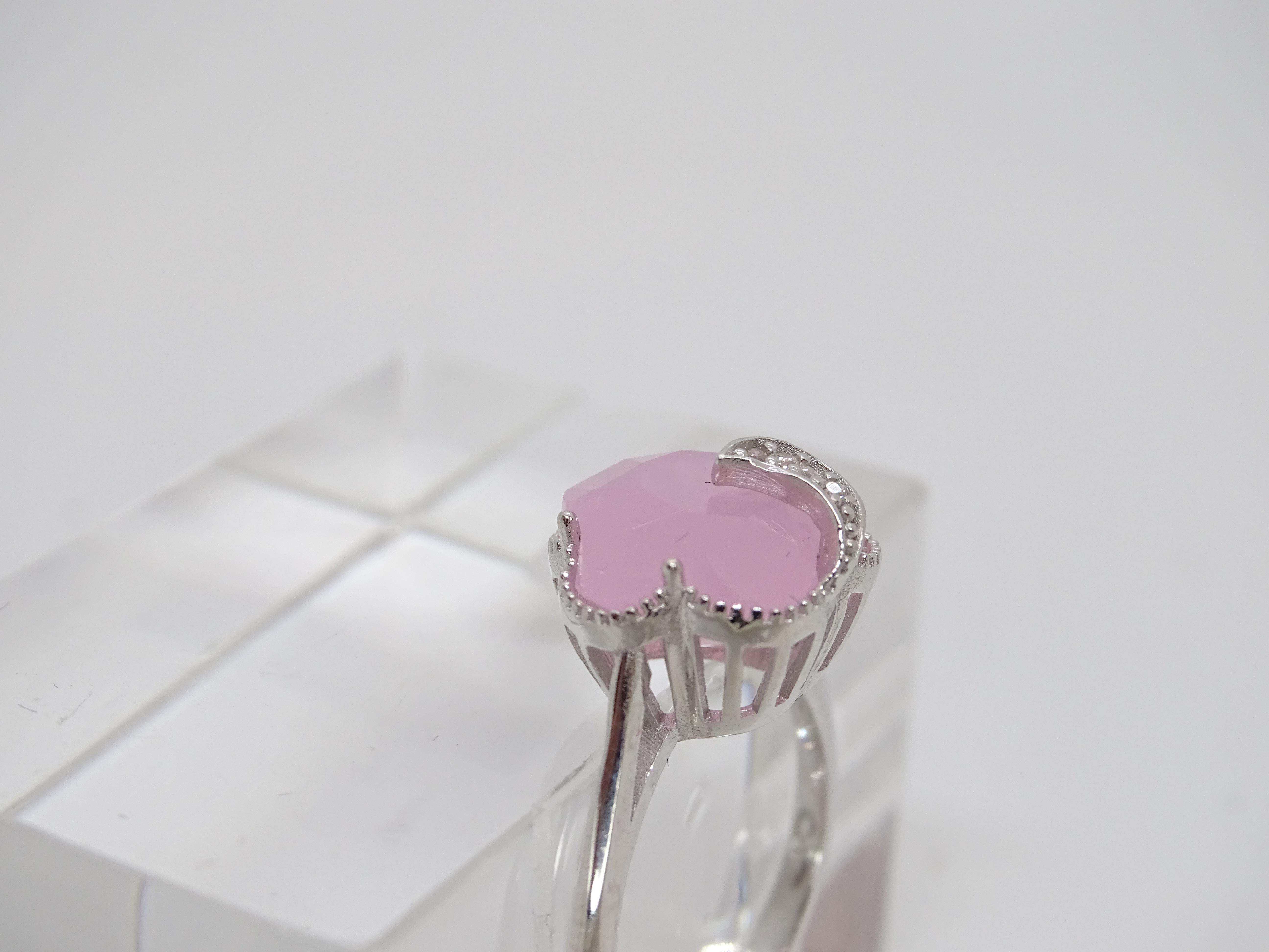 Italian Half Moon Ring, Rose Quartz and Cubic Zirconia, 925 Sterling Silver For Sale 7