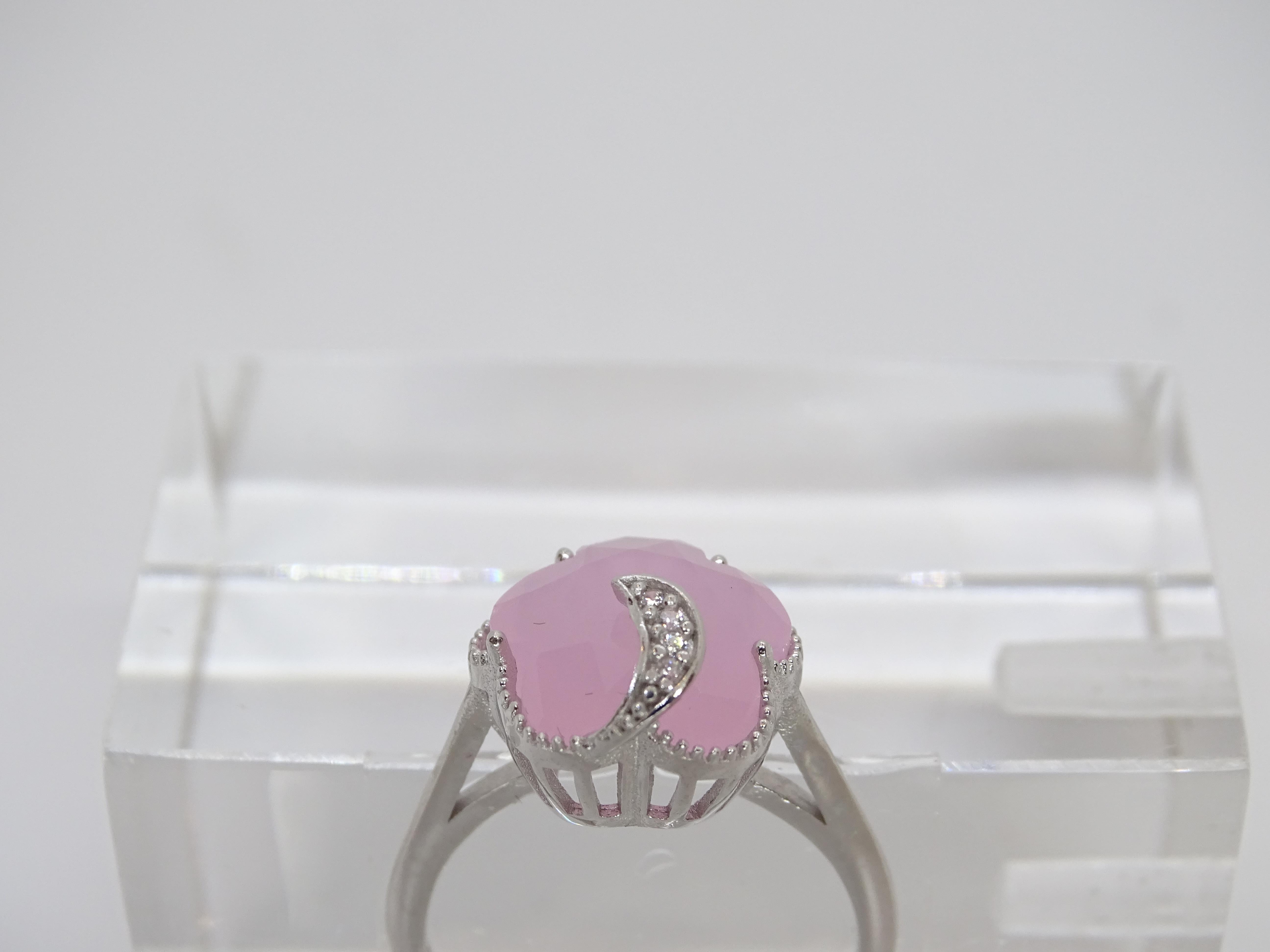 Italian Half Moon Ring, Rose Quartz and Cubic Zirconia, 925 Sterling Silver For Sale 8