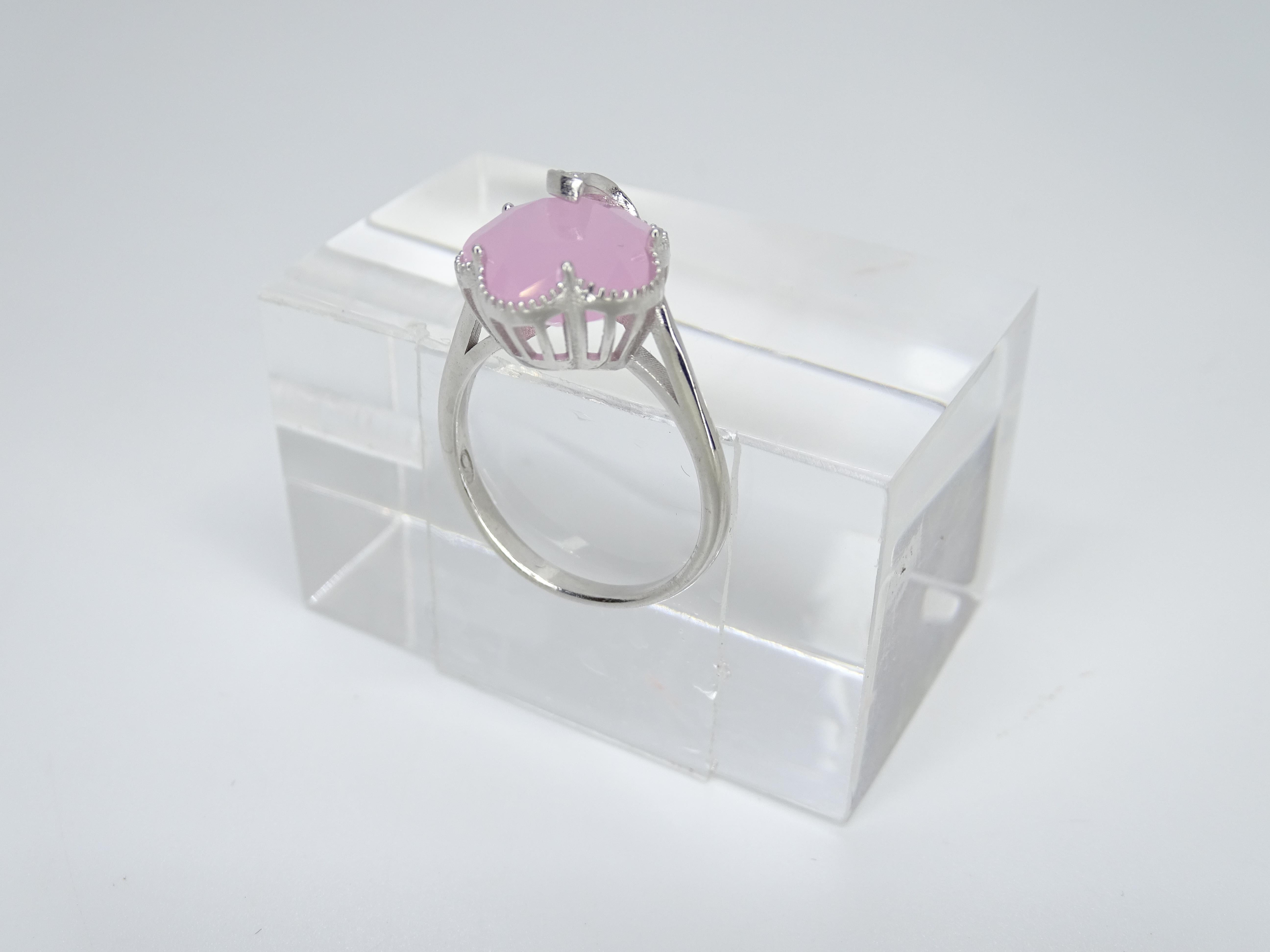 Italian Half Moon Ring, Rose Quartz and Cubic Zirconia, 925 Sterling Silver For Sale 9
