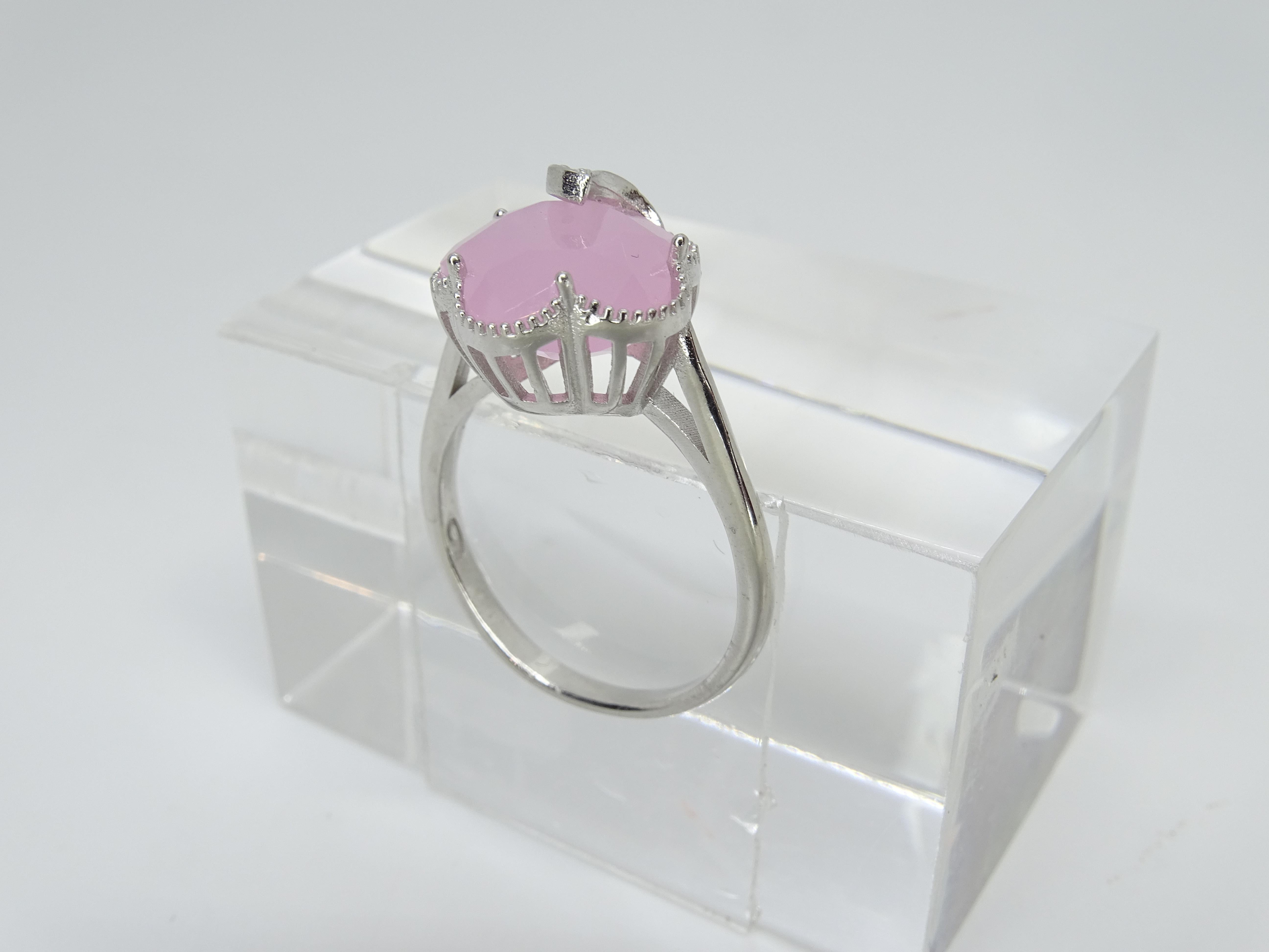 Italian Half Moon Ring, Rose Quartz and Cubic Zirconia, 925 Sterling Silver For Sale 11
