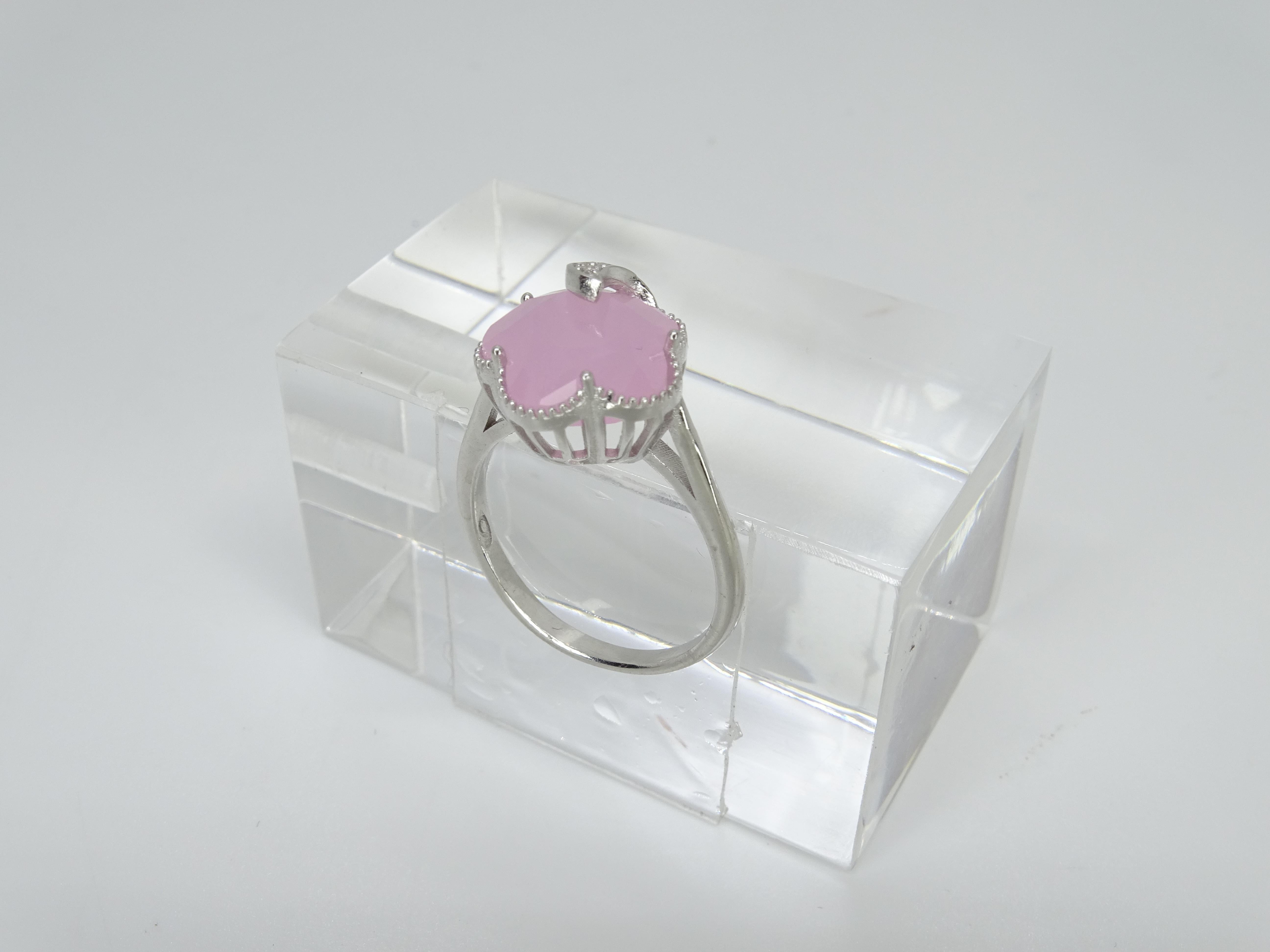 Italian Half Moon Ring, Rose Quartz and Cubic Zirconia, 925 Sterling Silver For Sale 12