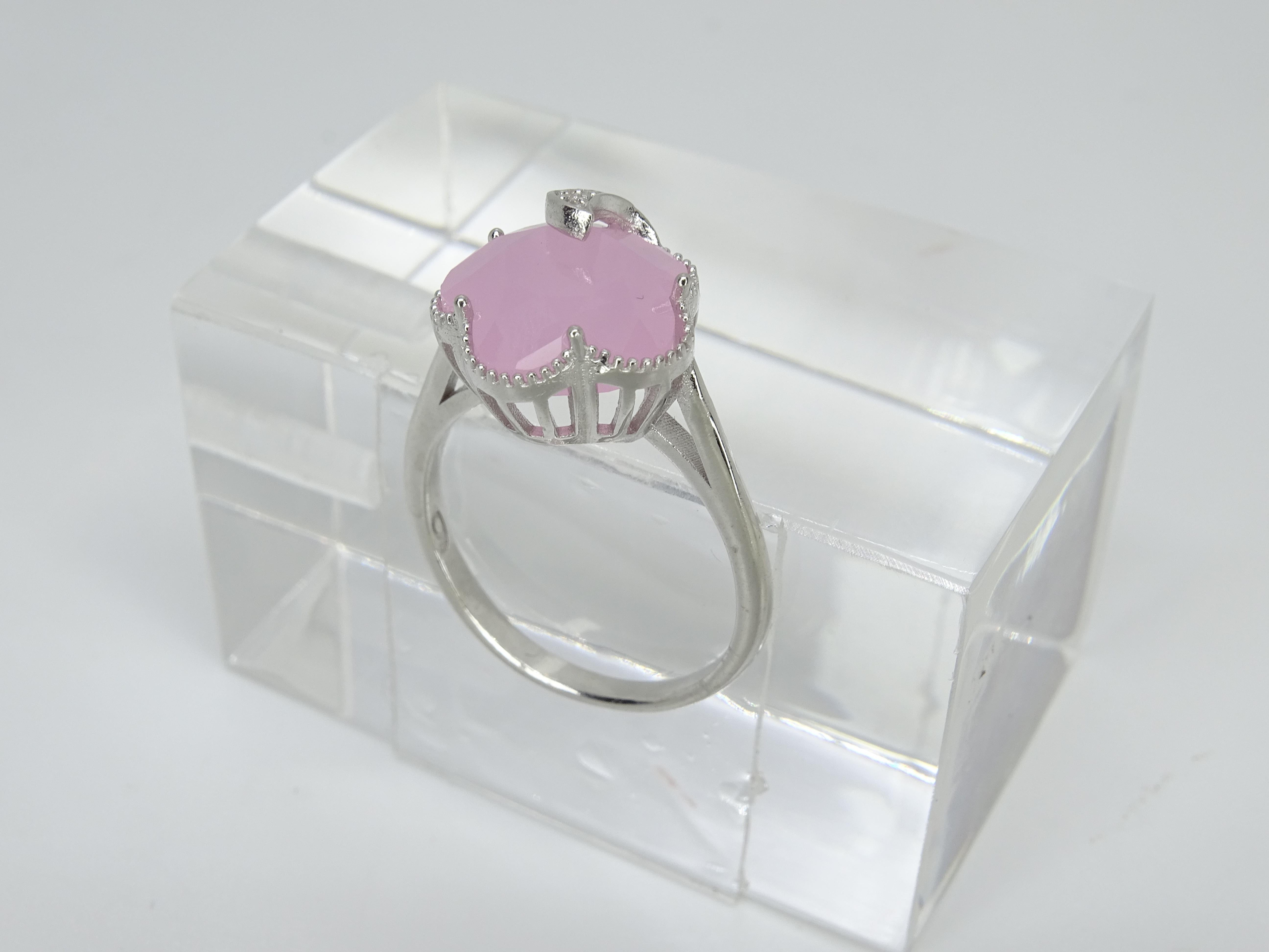 Italian Half Moon Ring, Rose Quartz and Cubic Zirconia, 925 Sterling Silver For Sale 13