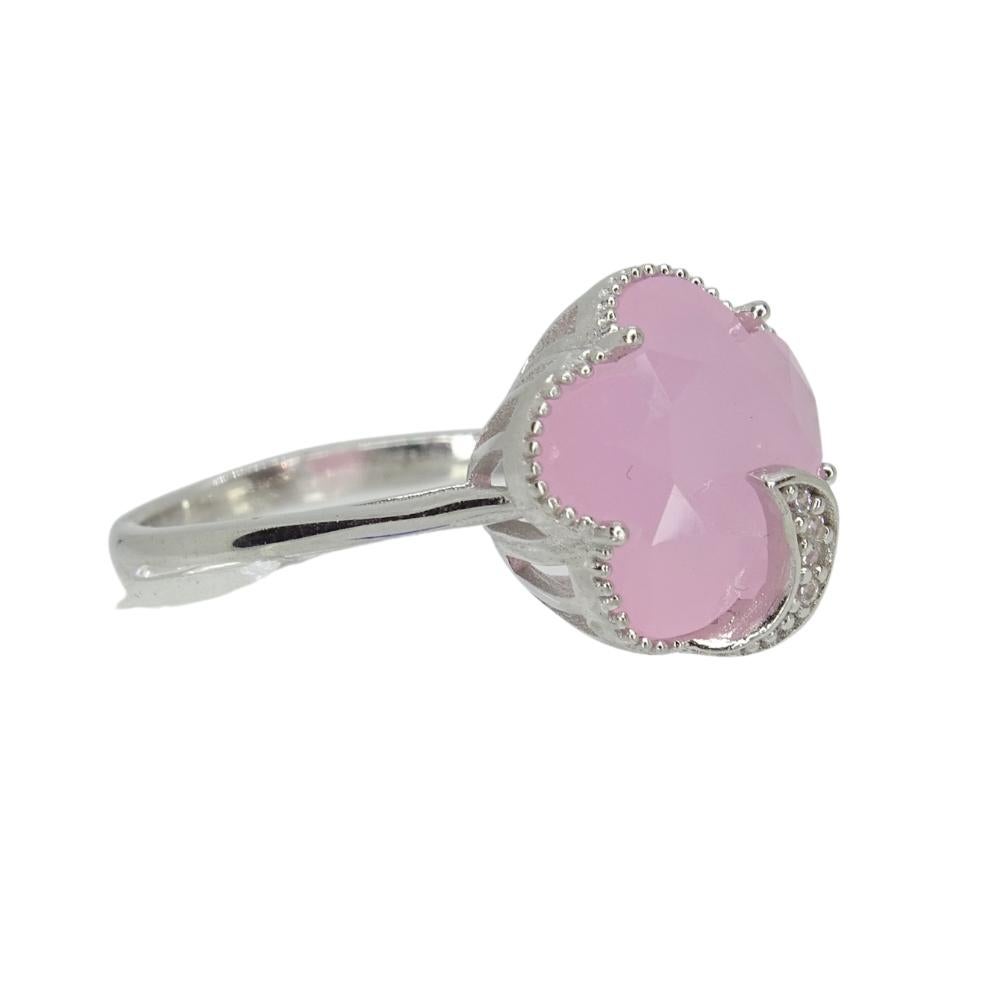 Romantic Italian Half Moon Ring, Rose Quartz and Cubic Zirconia, 925 Sterling Silver For Sale
