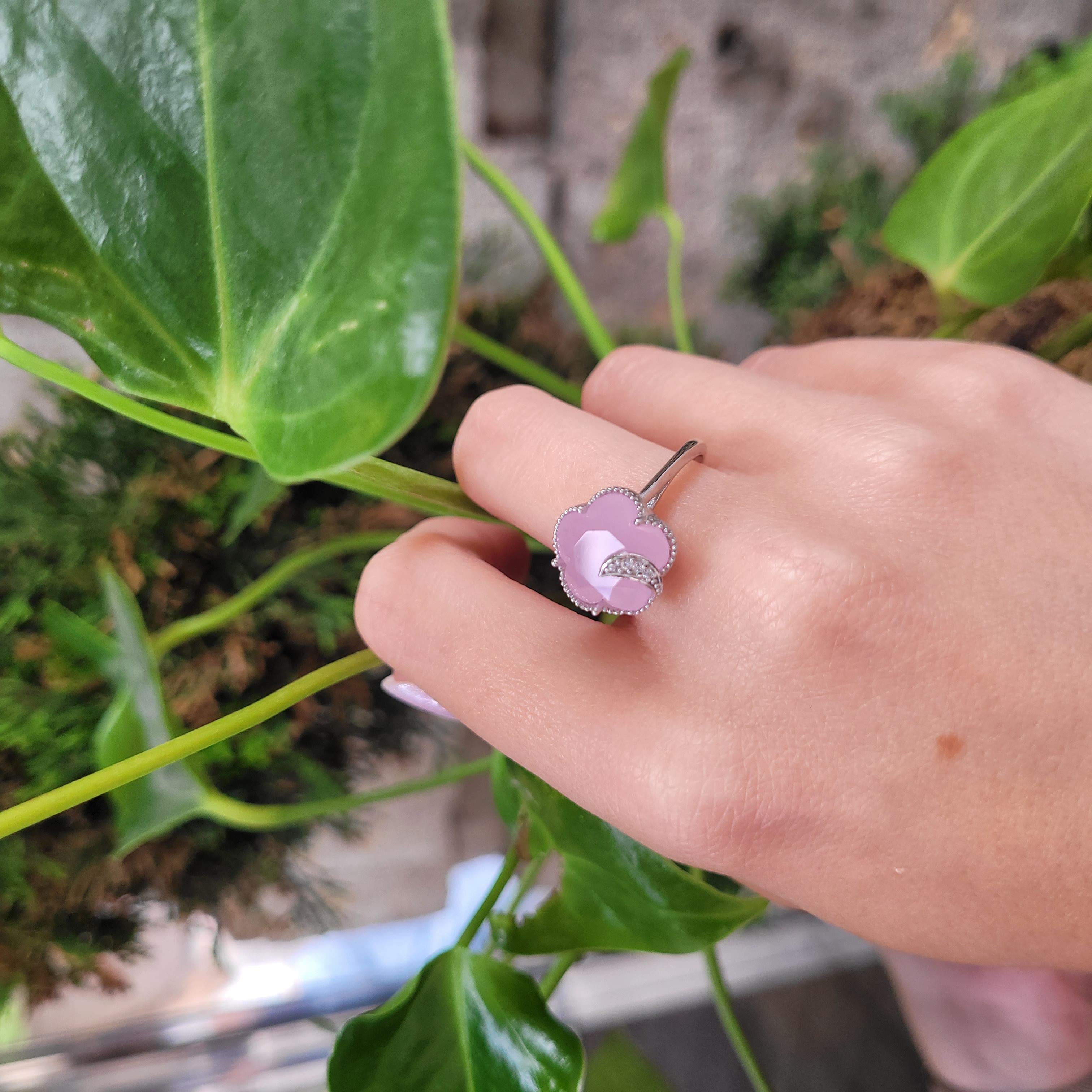 Asscher Cut Italian Half Moon Ring, Rose Quartz and Cubic Zirconia, 925 Sterling Silver For Sale