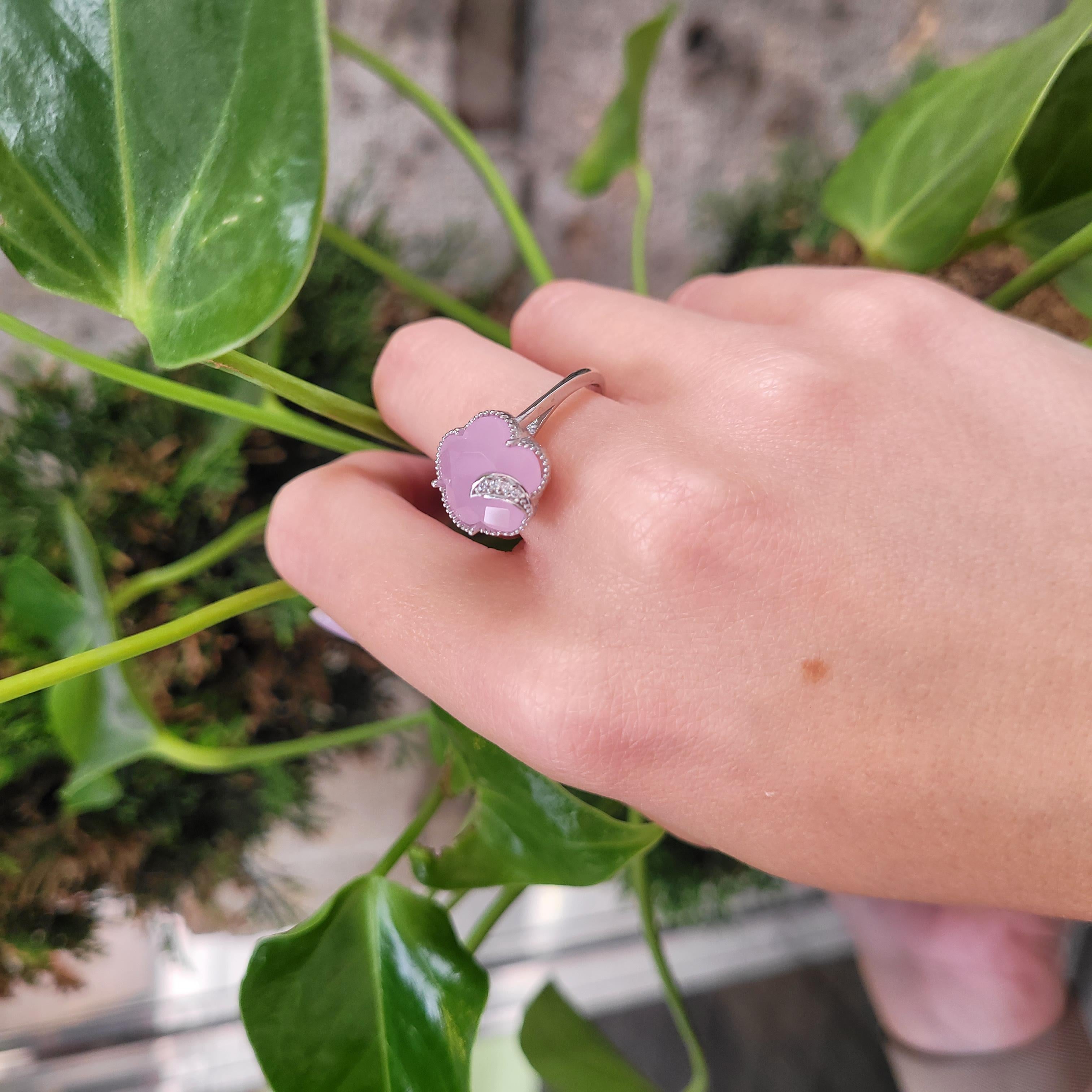 Women's or Men's Italian Half Moon Ring, Rose Quartz and Cubic Zirconia, 925 Sterling Silver For Sale