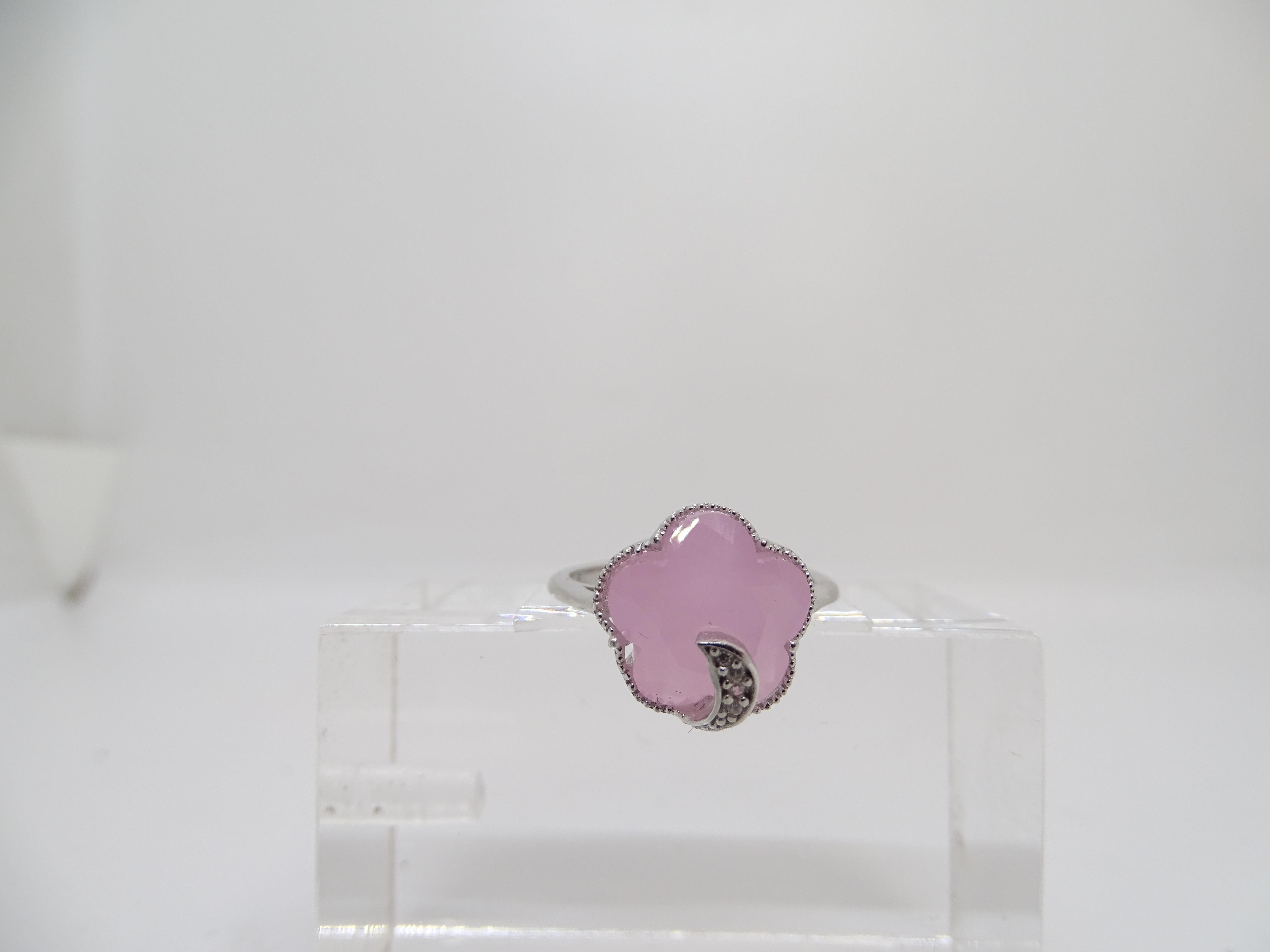 Italian Half Moon Ring, Rose Quartz and Cubic Zirconia, 925 Sterling Silver For Sale 1