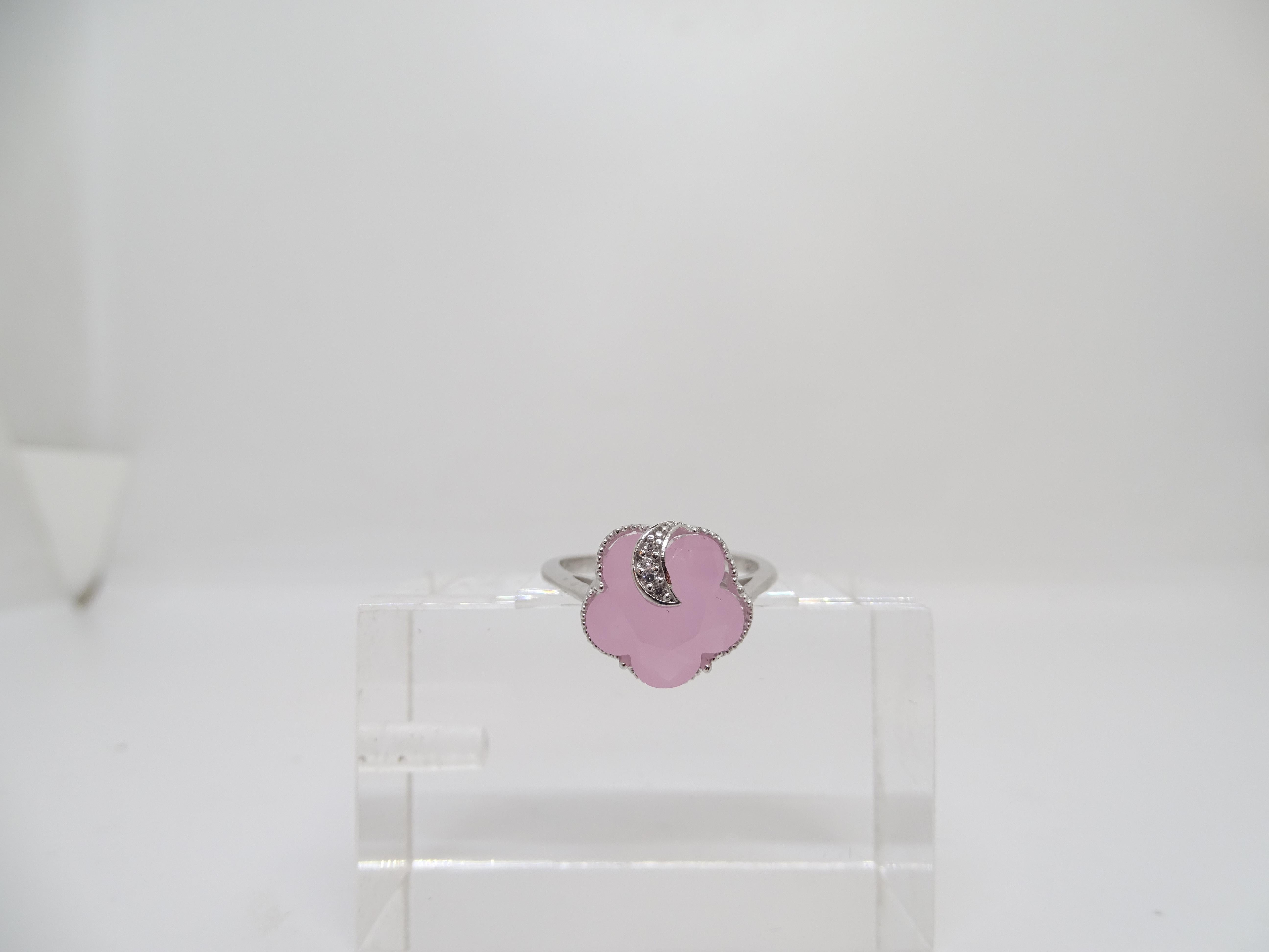 Italian Half Moon Ring, Rose Quartz and Cubic Zirconia, 925 Sterling Silver For Sale 2