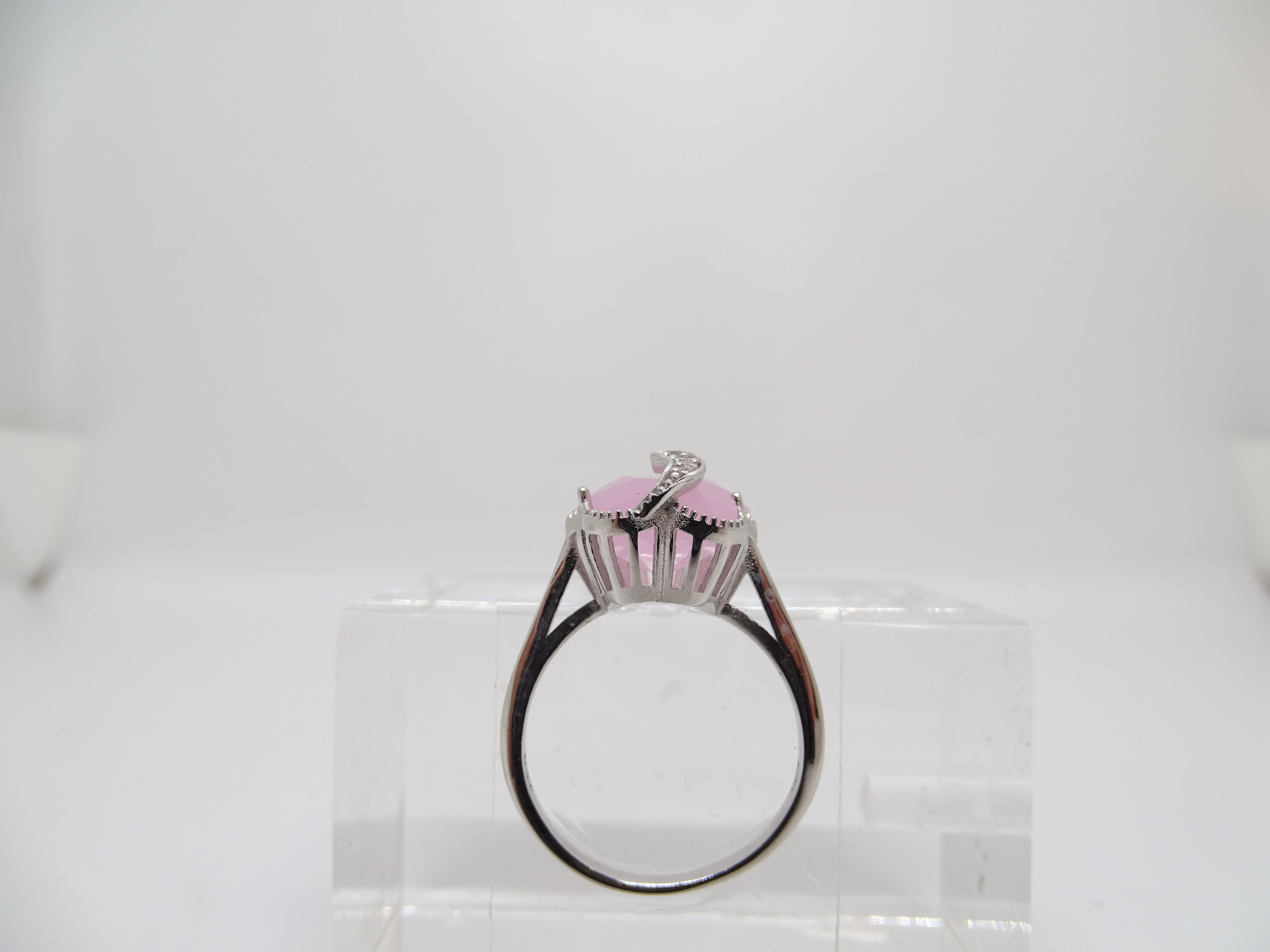 Italian Half Moon Ring, Rose Quartz and Cubic Zirconia, 925 Sterling Silver For Sale 3