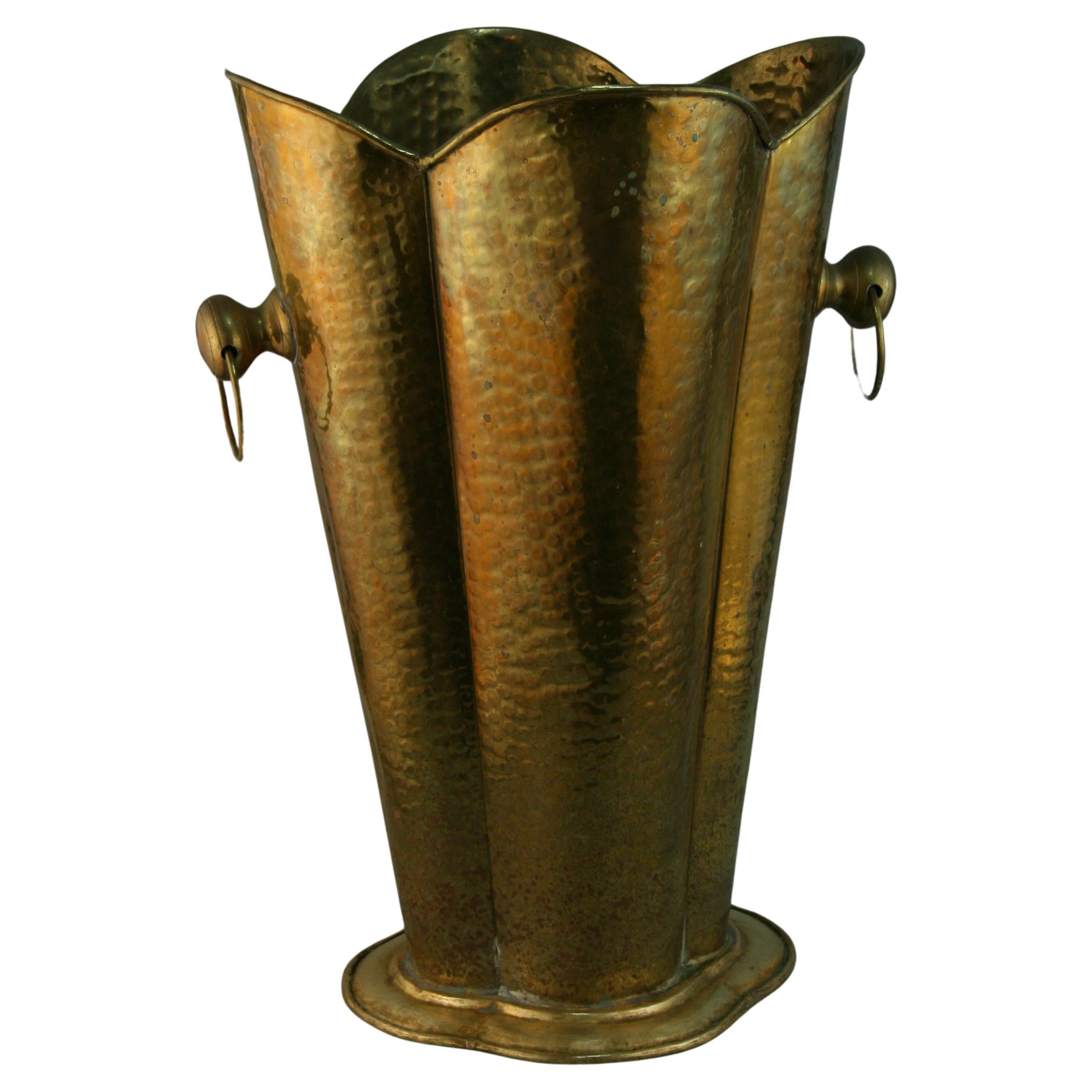 Italian Hammered Brass Cane/Umbrella Stand with Ringed Handles For Sale