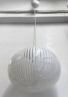 Italian Hand Blown Clear and White Stripe Glass Pendant Globe