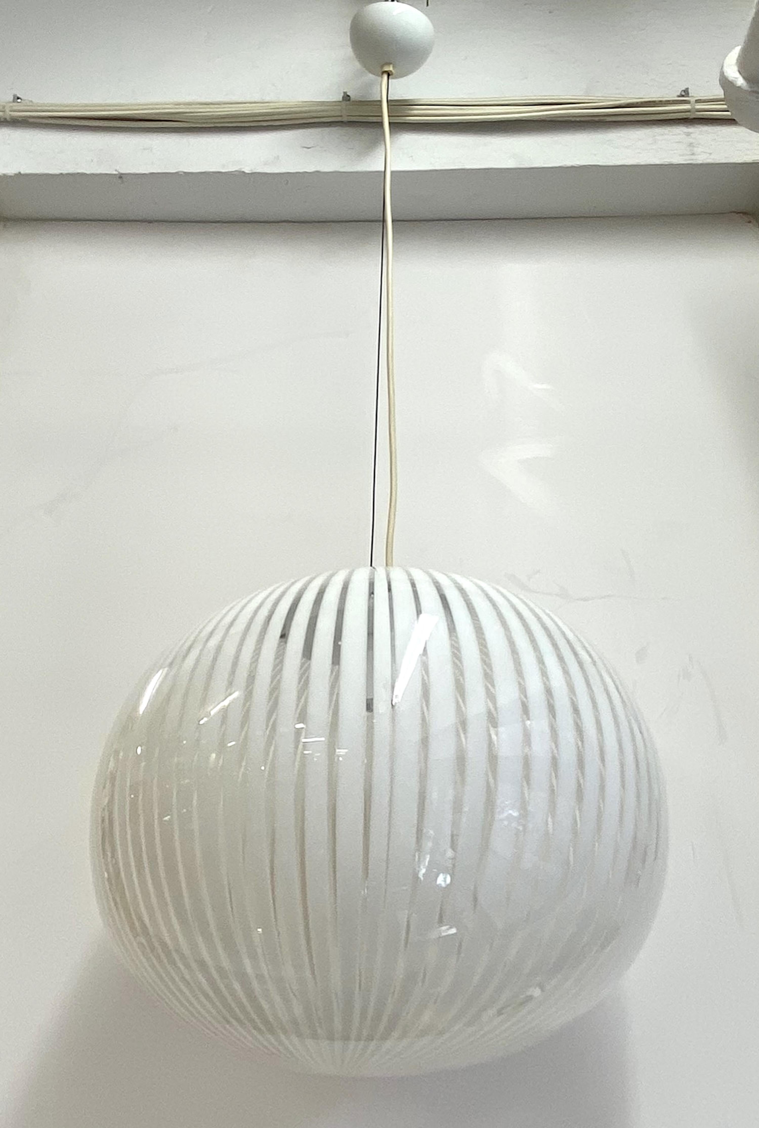 Mid-Century Modern Italian Hand Blown Clear and White Stripe Glass Pendant Globe