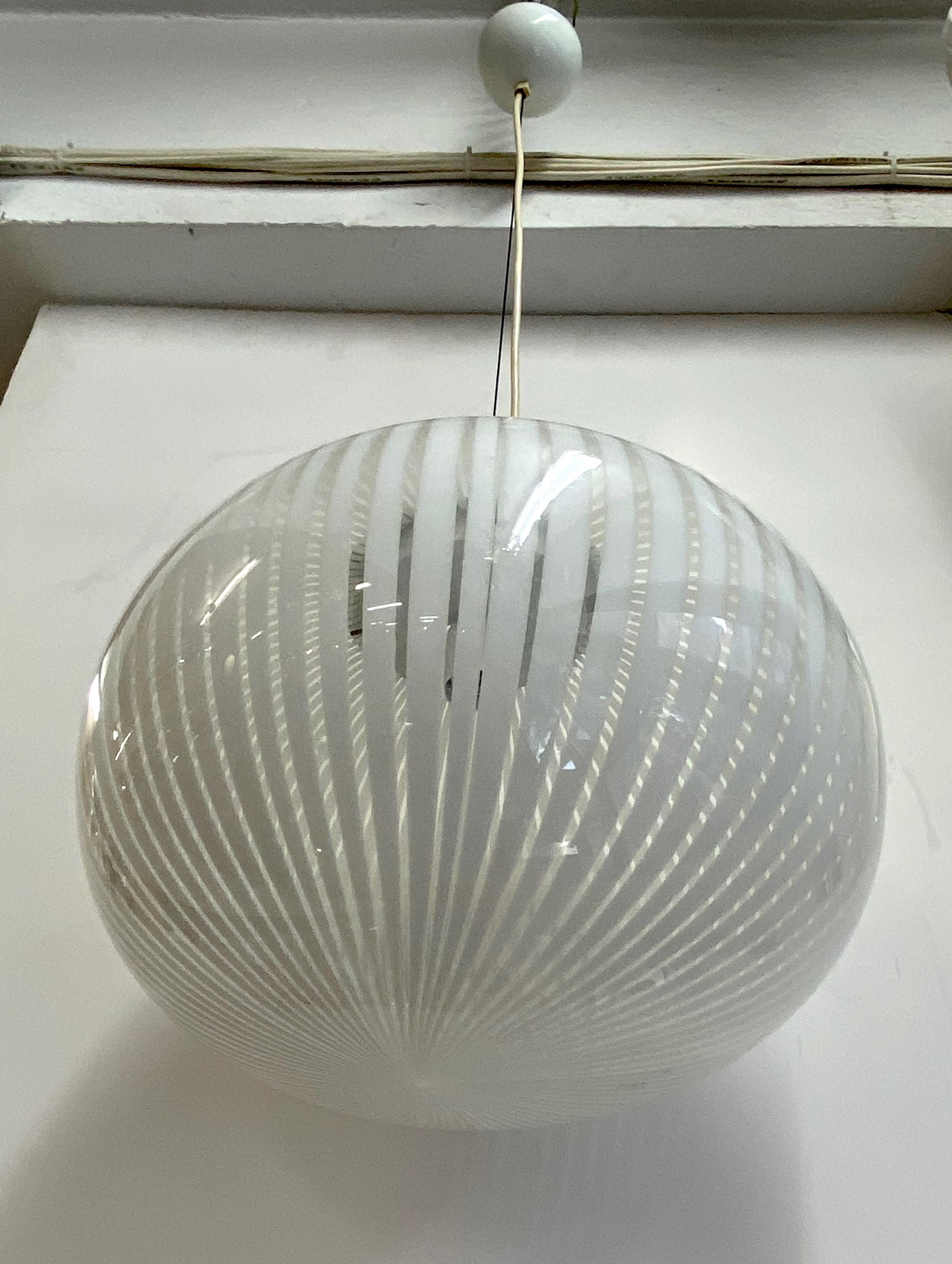Italian Hand Blown Clear and White Stripe Glass Pendant Globe In Good Condition In New York, NY