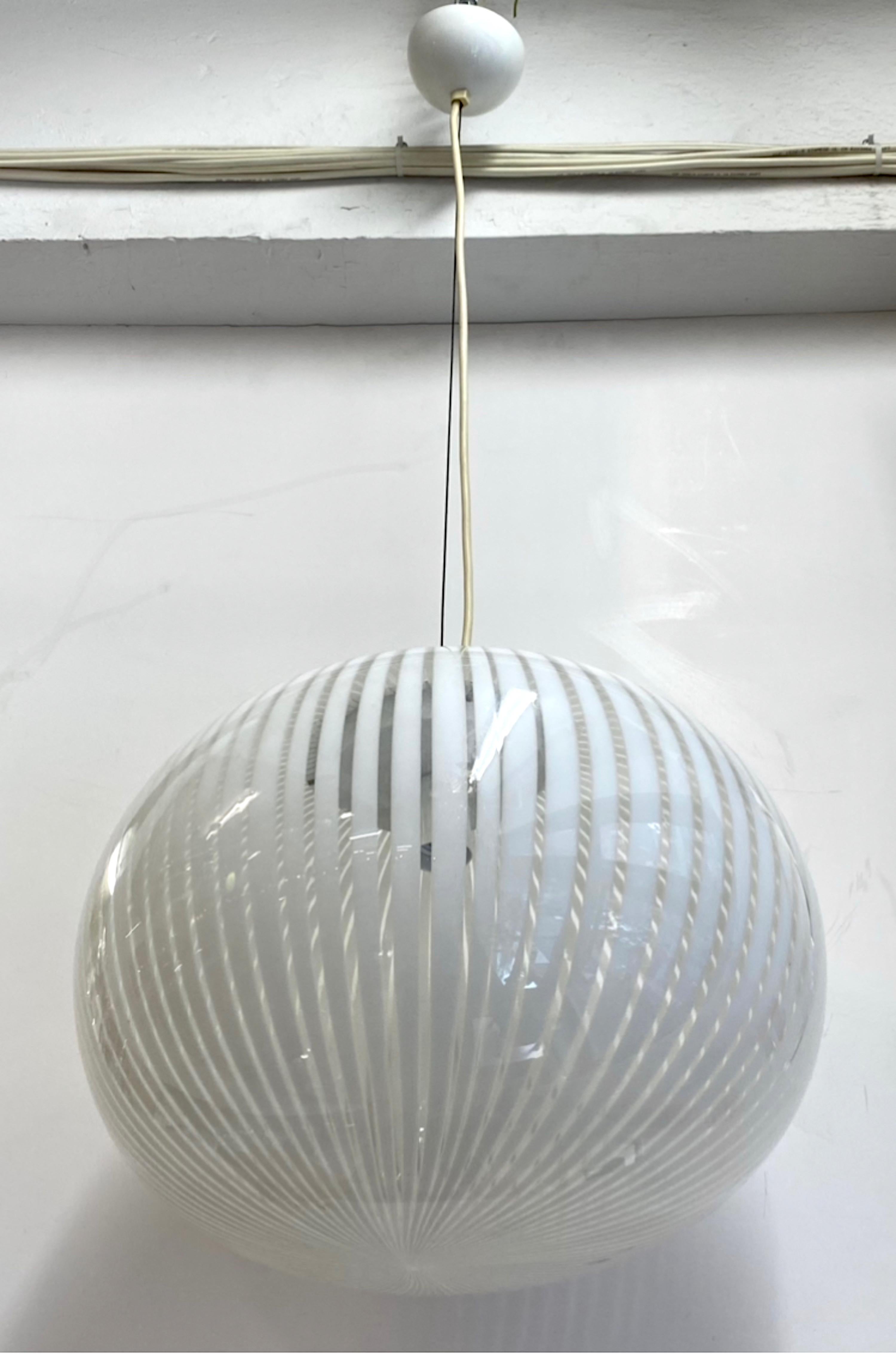 Italian Hand Blown Clear and White Stripe Glass Pendant Globe 1