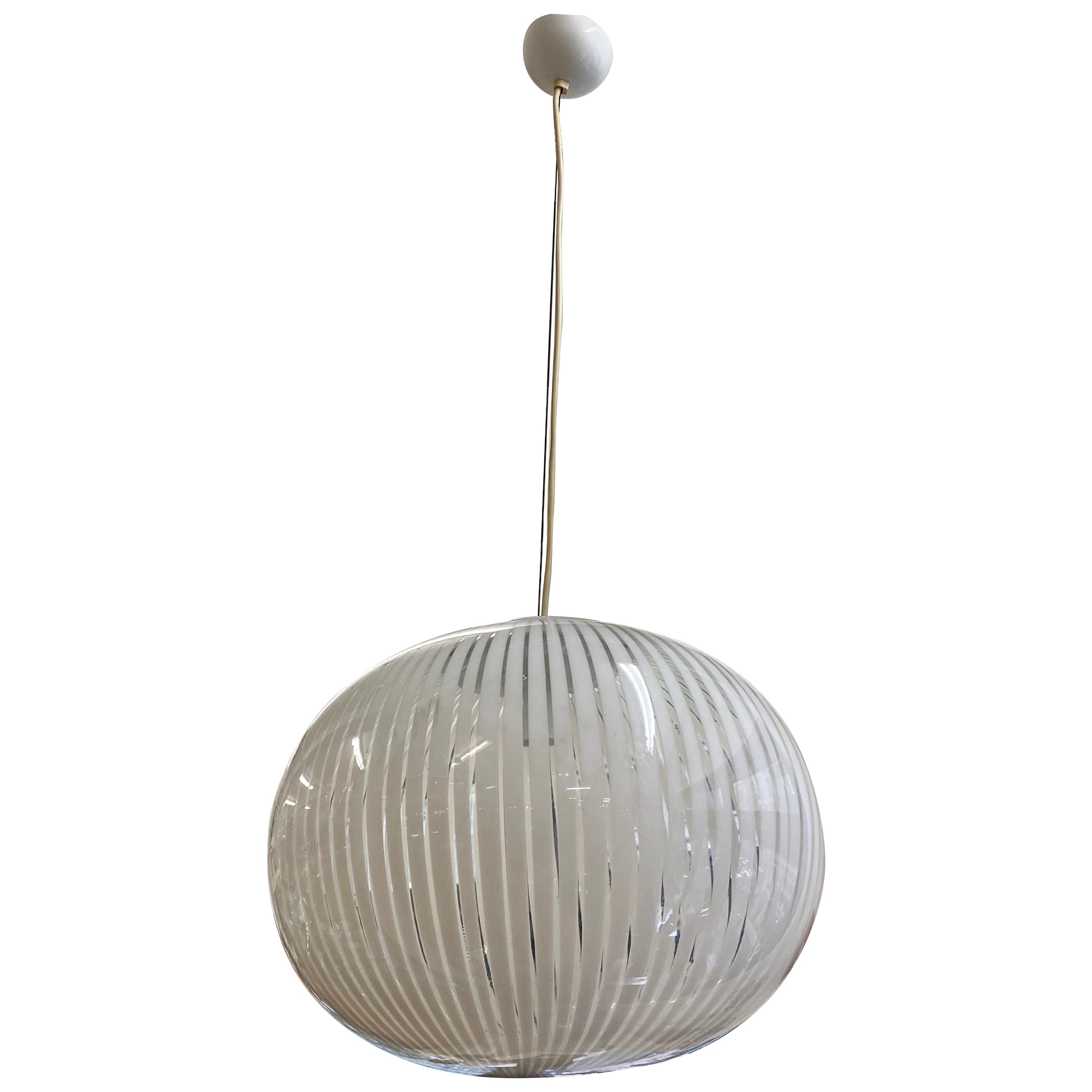 Italian Hand Blown Clear and White Stripe Glass Pendant Globe