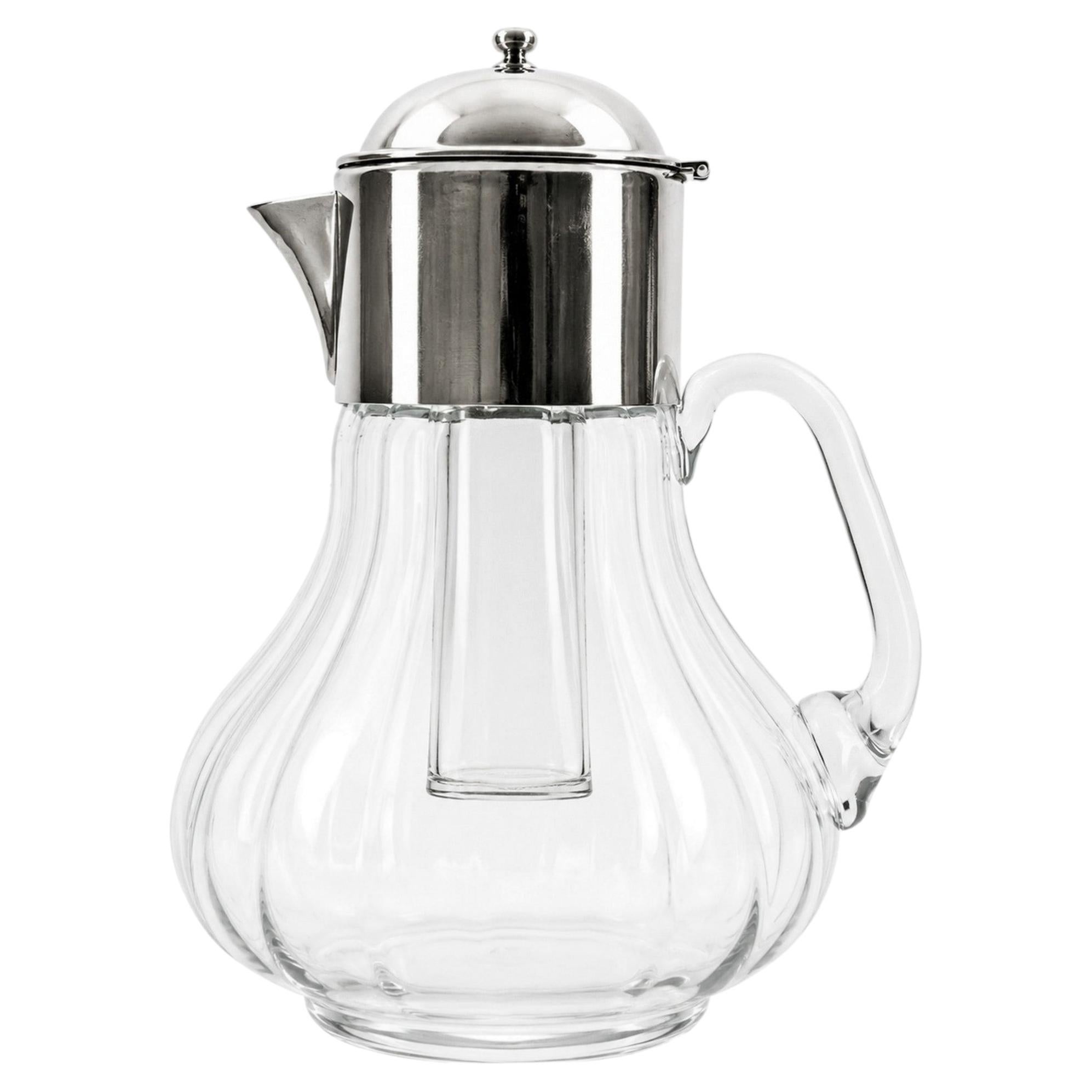 Italian Hand-Blown Glass and Silver Plated Pitcher with Ice Insert, circa 1950s For Sale