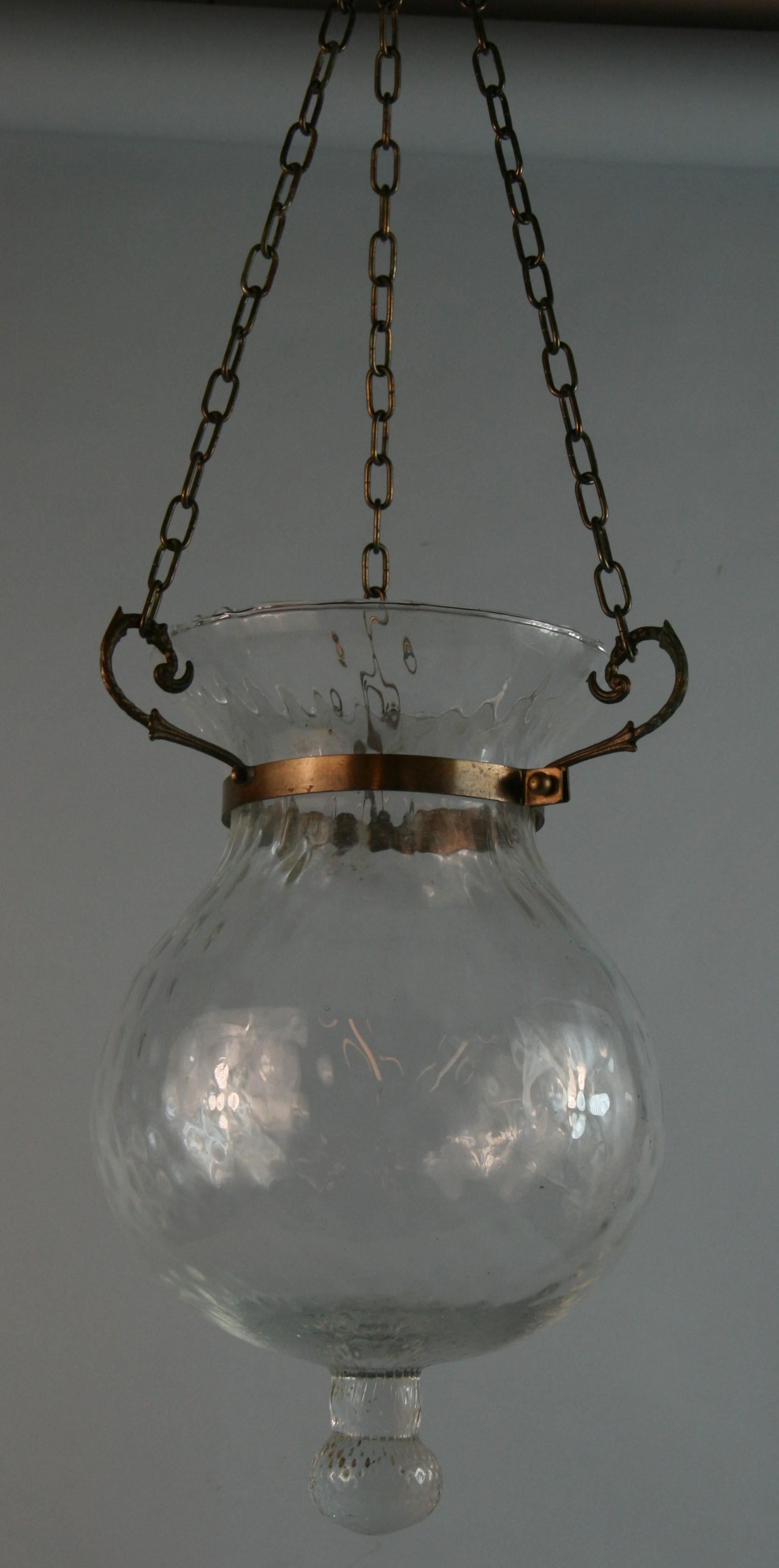 1507 Italian hand blown glass bell jar with brass hangers
Will be wired with one bulb and desired amount of chain