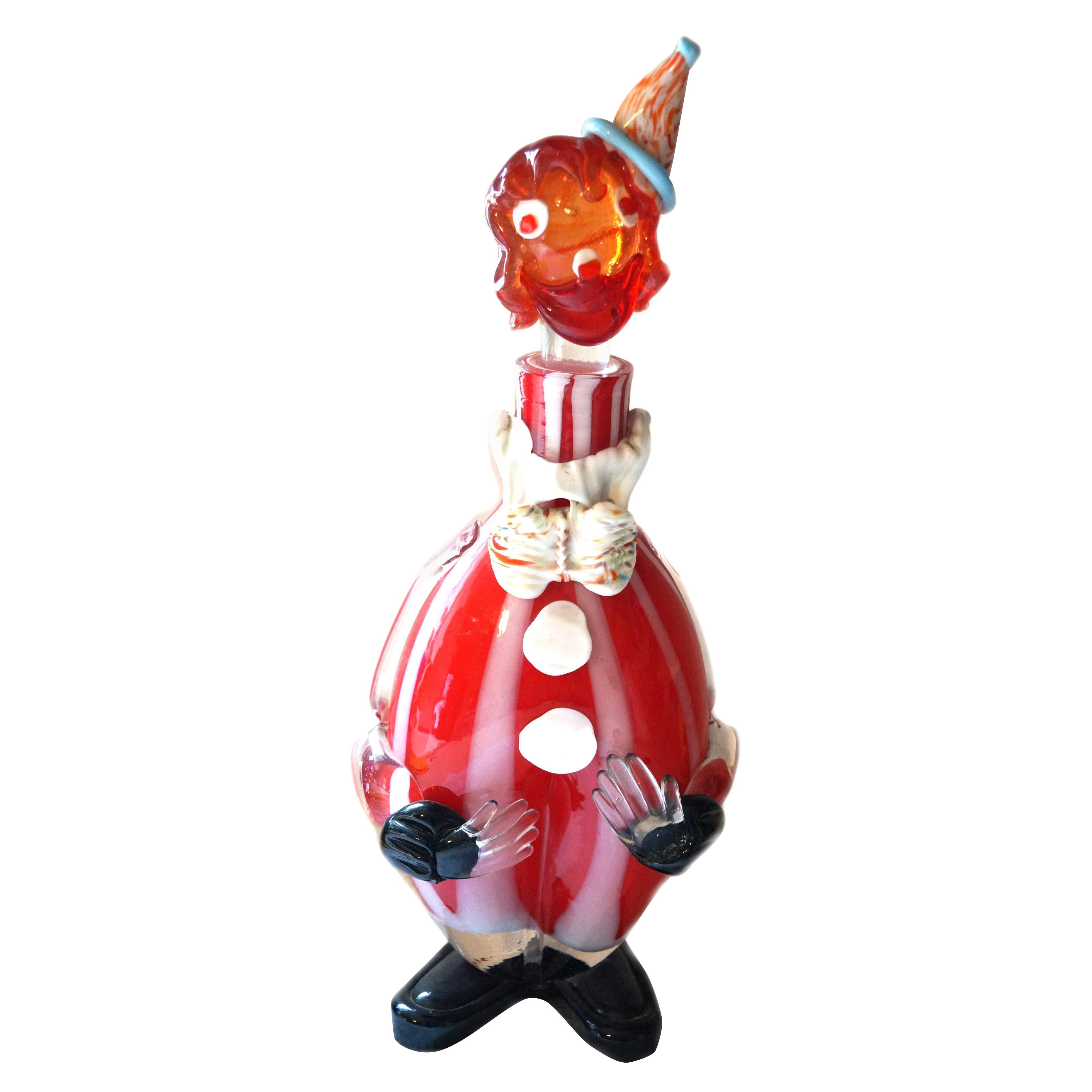 Decanter Clown in vetro di Murano soffiato a mano con tappo Rosso Arancione Nero