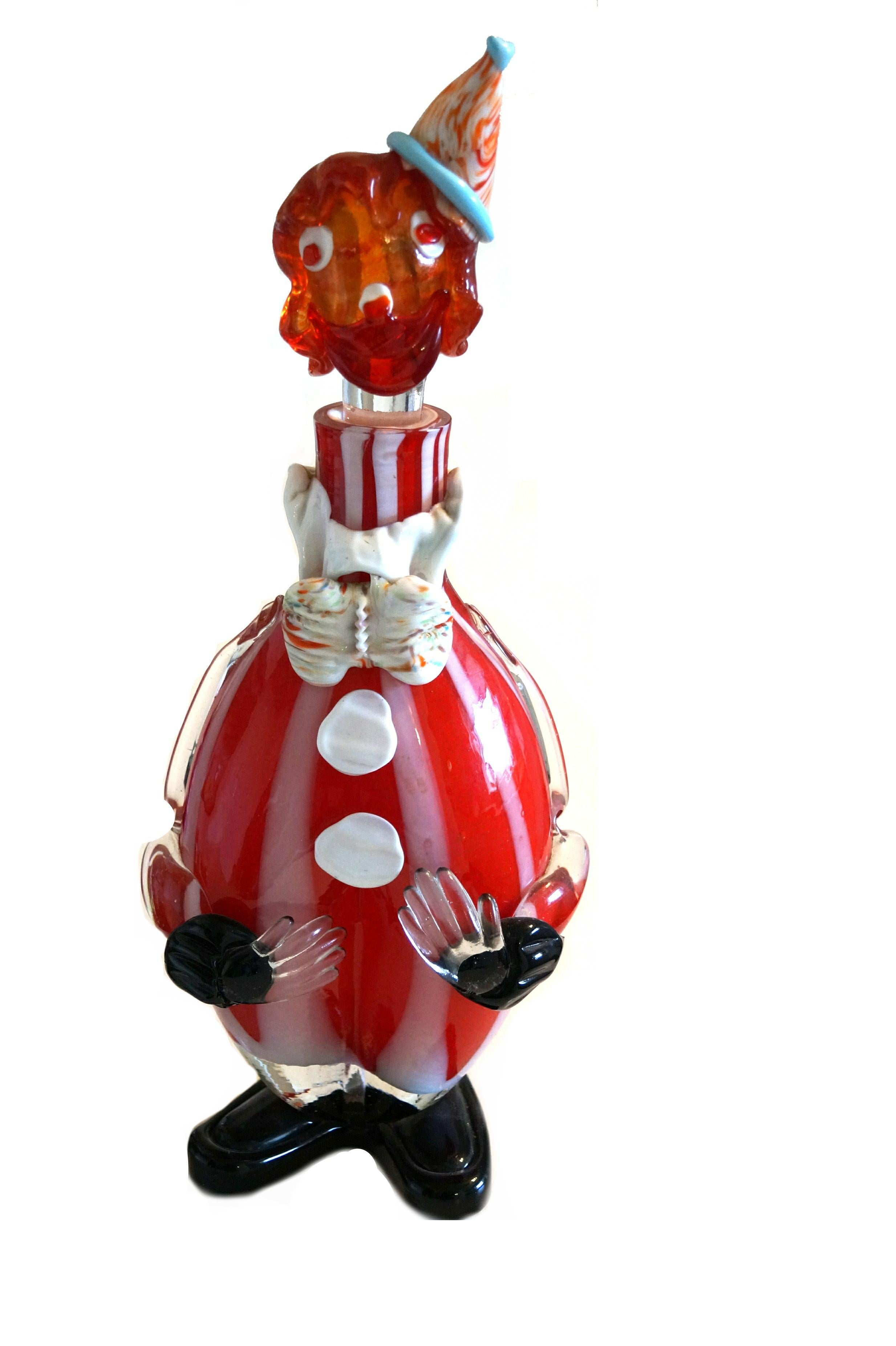 Carafe italienne en verre de Murano soufflé à la main en forme de clown avec bouchon rouge, orange et noir  en vente 4