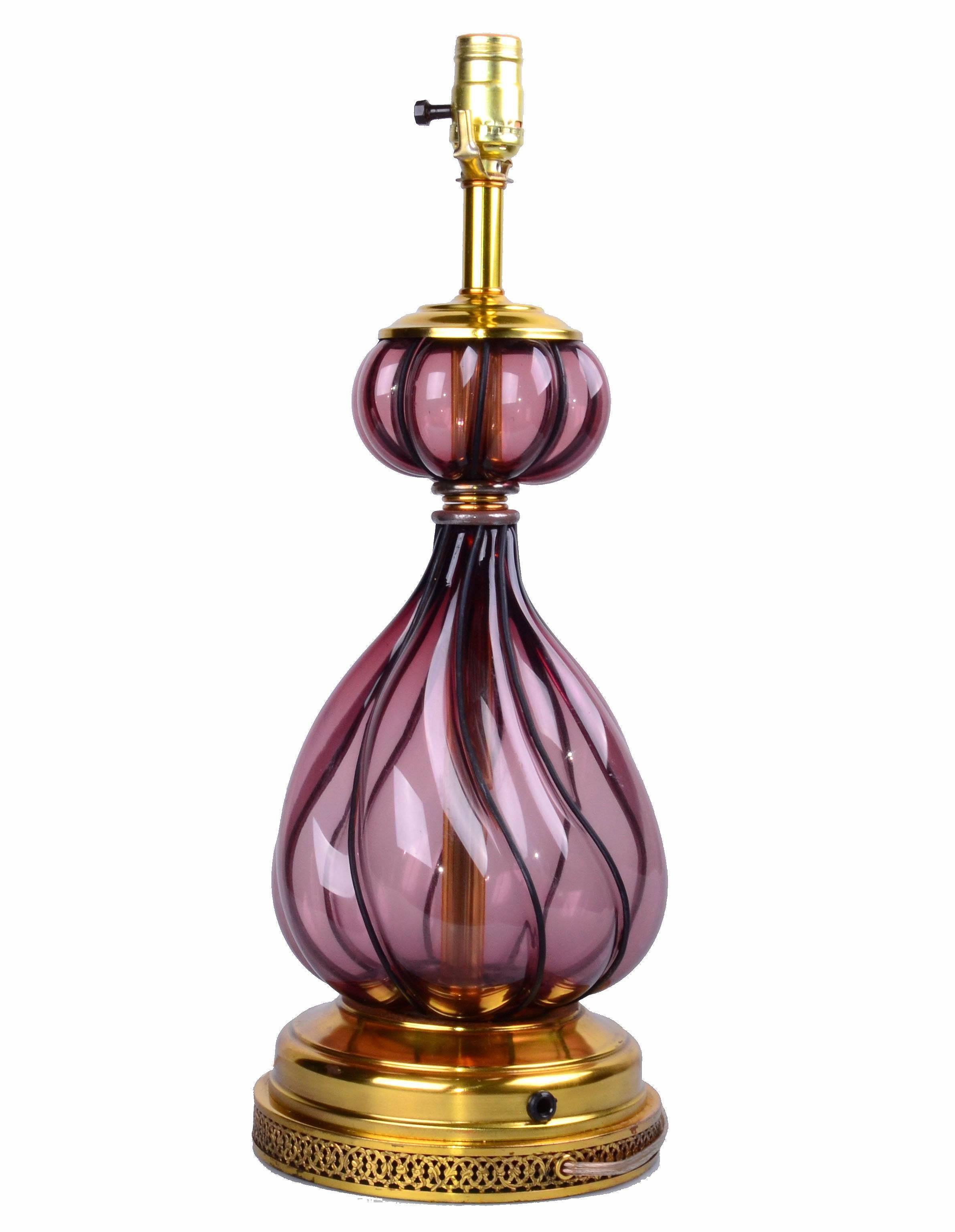 Italian Blown Purple Art Glass Brass Table Lamp Mid-Century Modern   For Sale 2