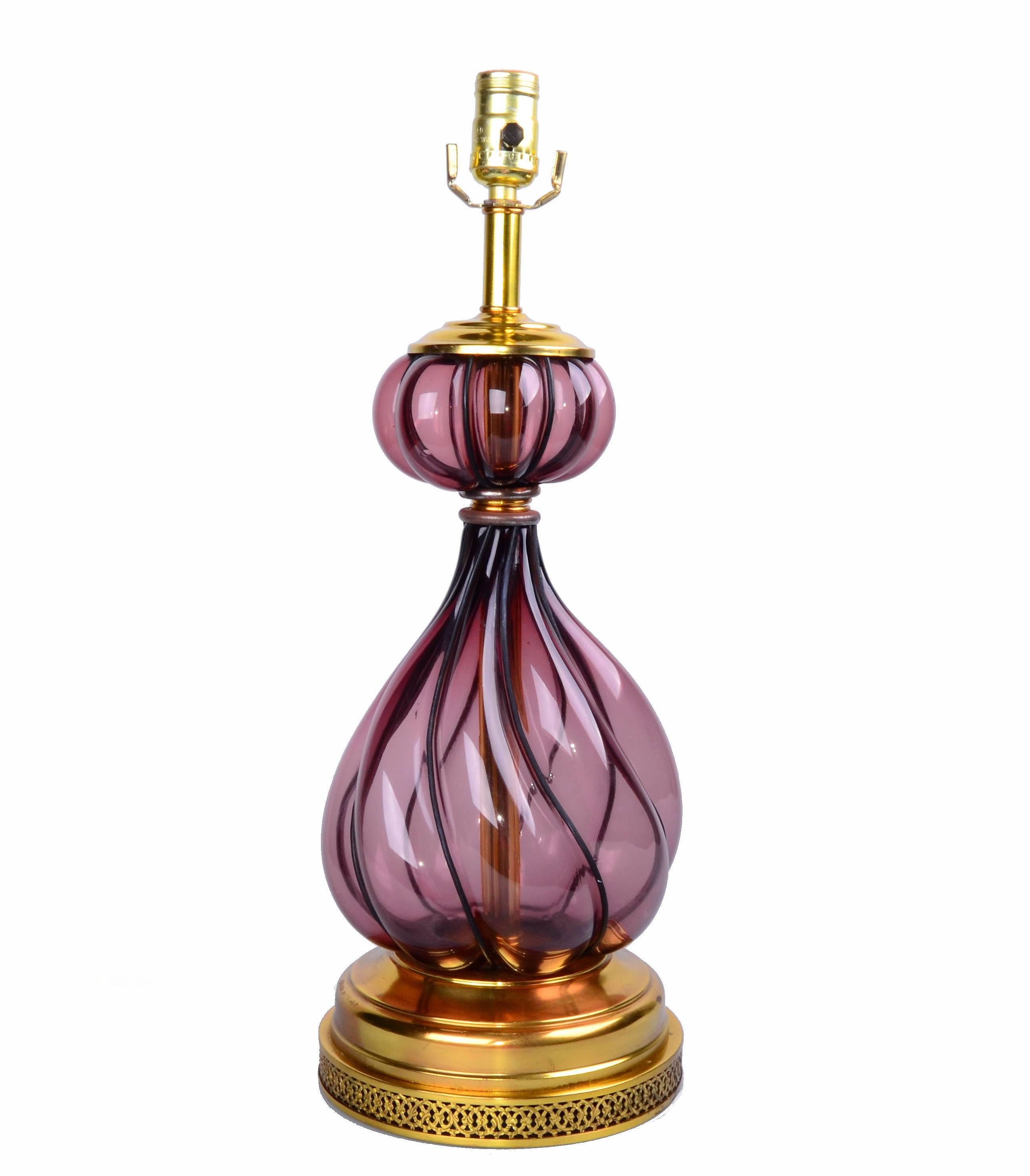 Italian Blown Purple Art Glass Brass Table Lamp Mid-Century Modern   For Sale 4