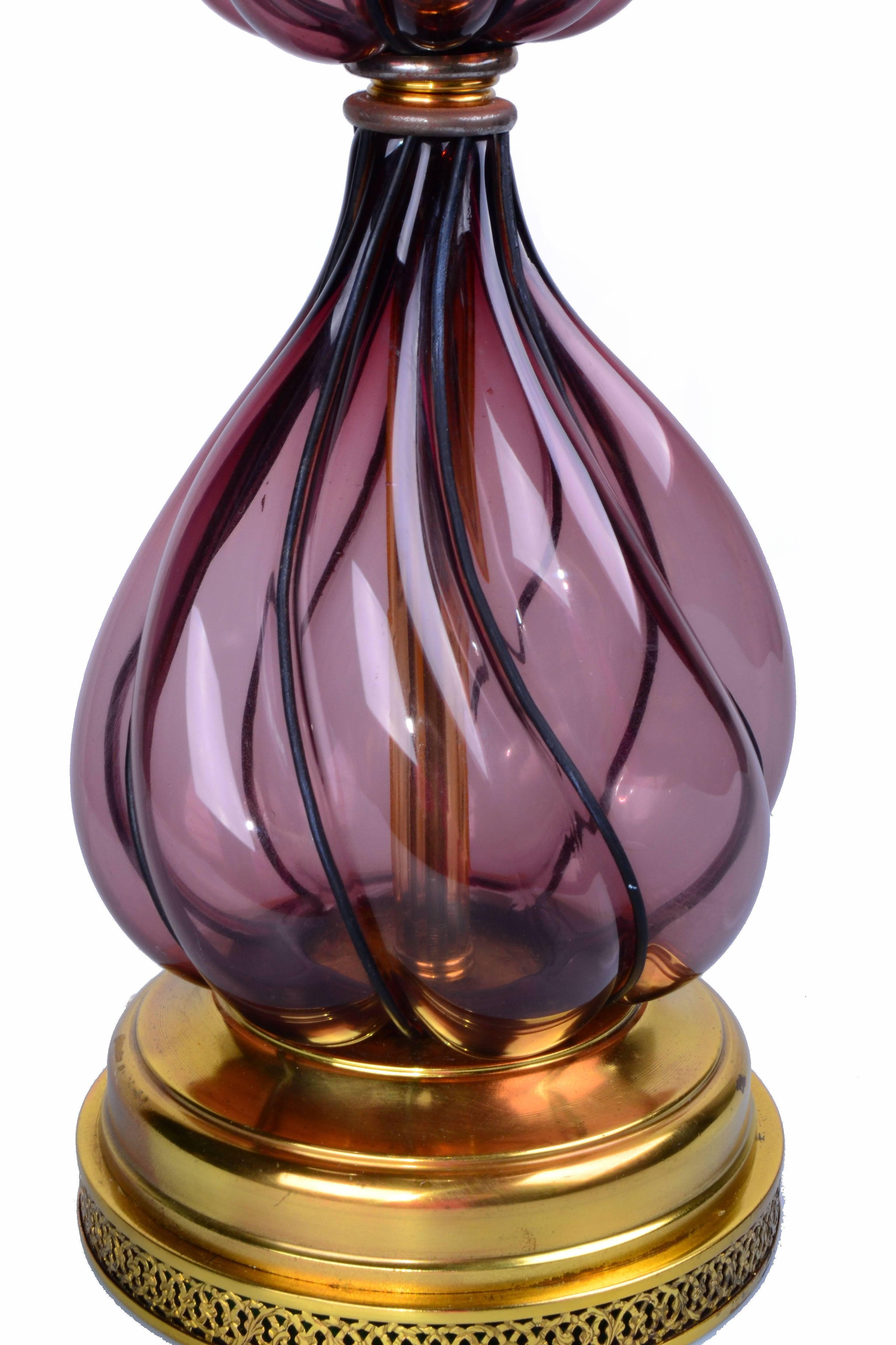 20th Century Italian Blown Purple Art Glass Brass Table Lamp Mid-Century Modern   For Sale