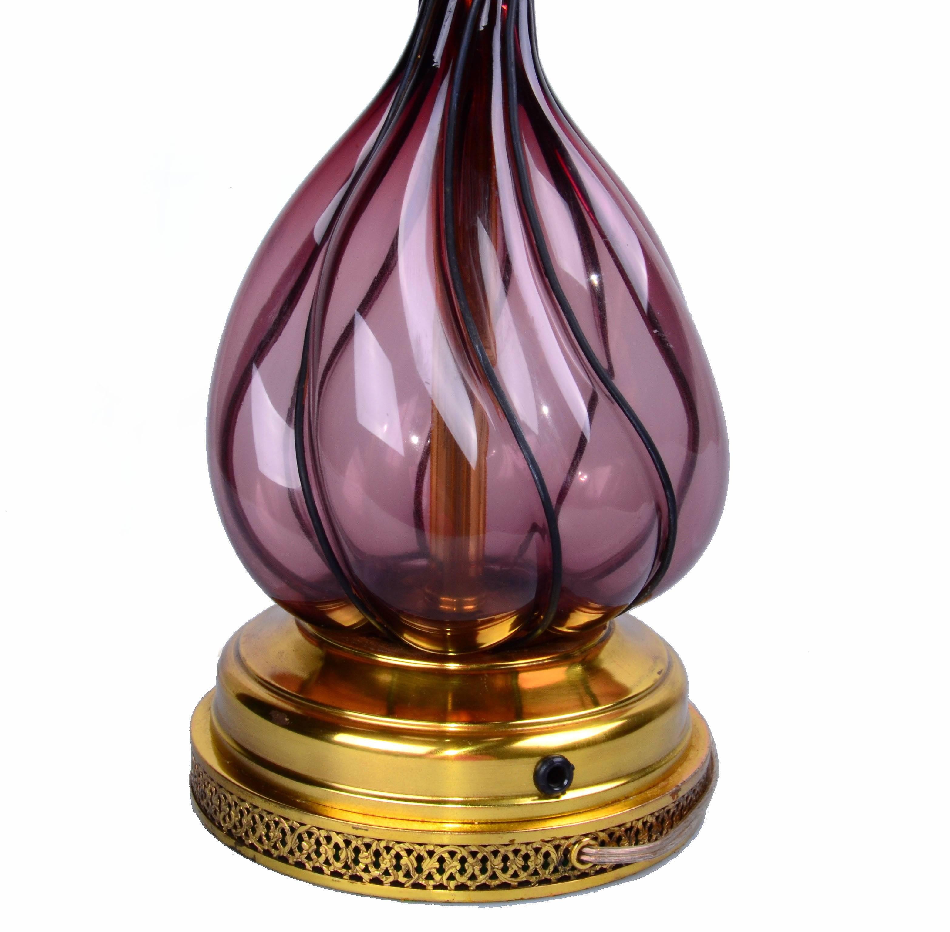 Metal Italian Blown Purple Art Glass Brass Table Lamp Mid-Century Modern For Sale