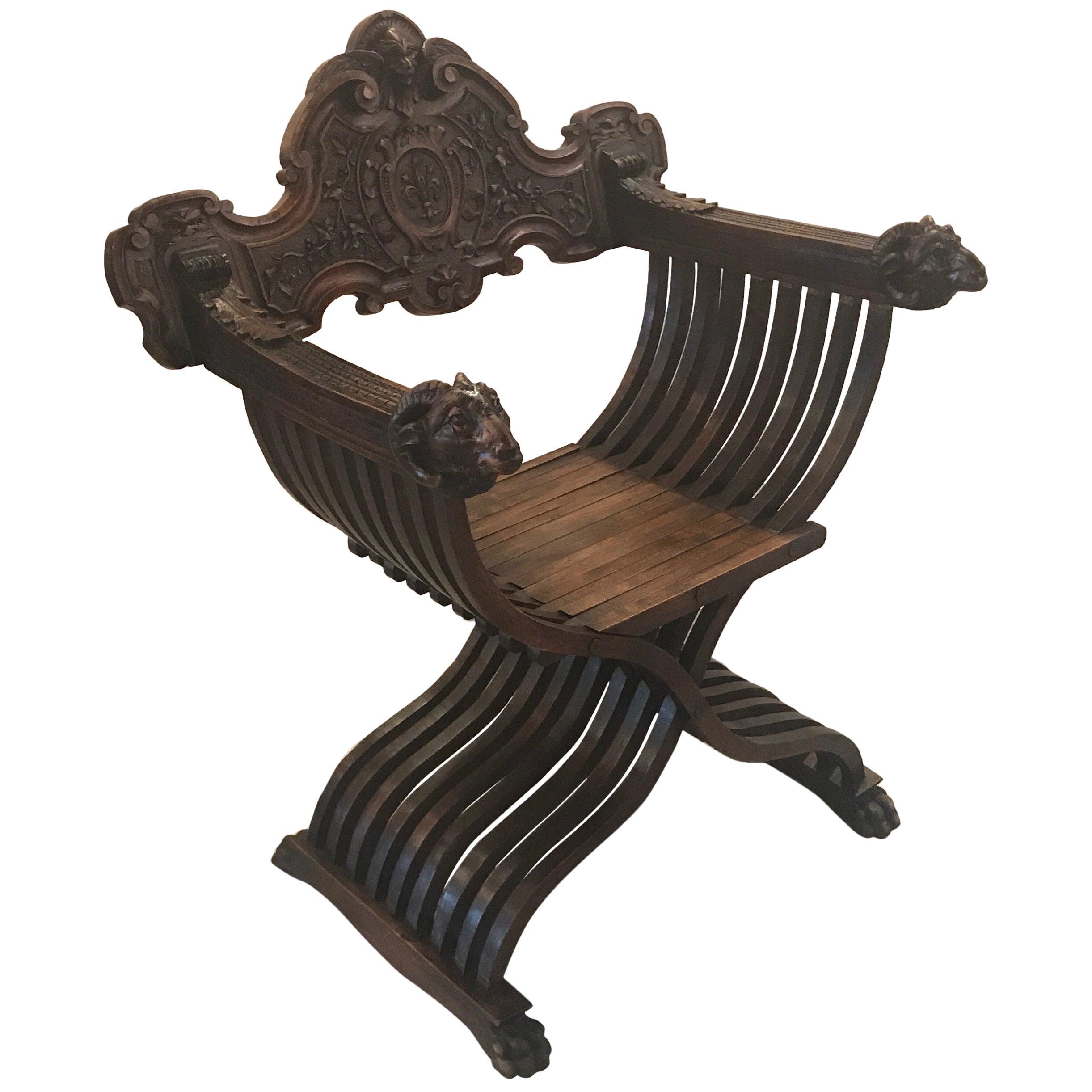 Italian Hand Carved 19th Century Walnut Savonarola Chair