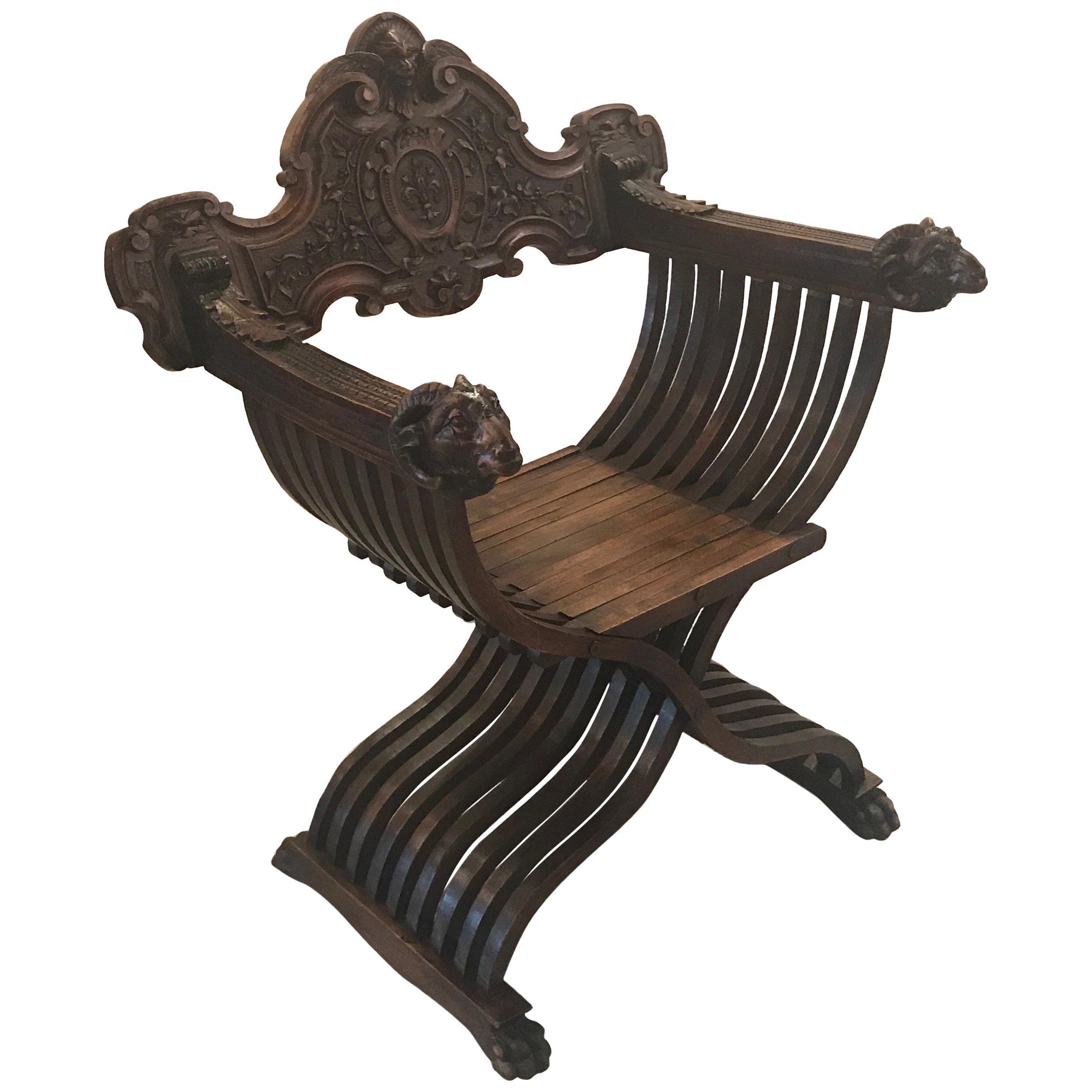 Italian Hand Carved 19th Century Walnut Savonarola Chair