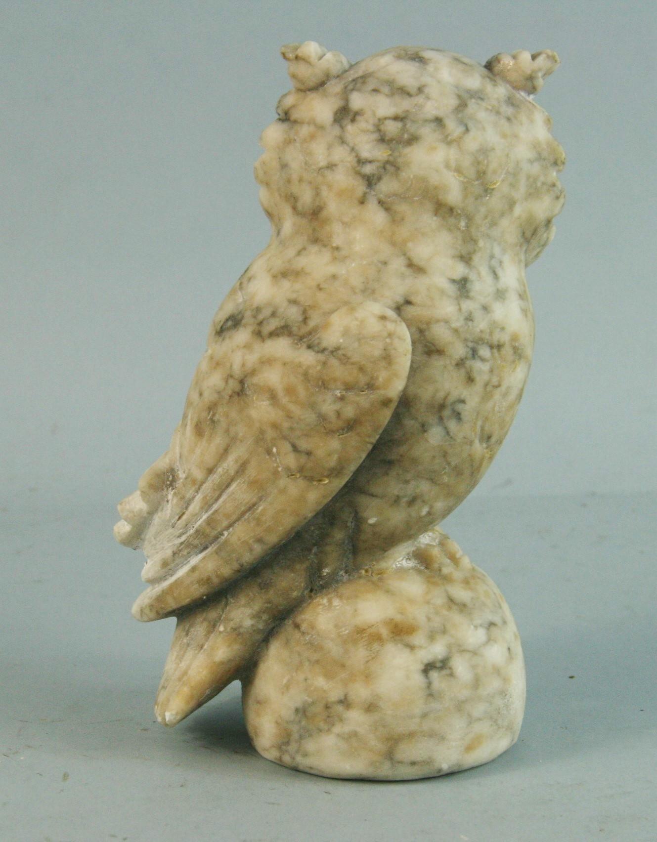 Italian Hand Carved Alabaster Garden  Owl Sculpture with Glass Eyes In Good Condition In Douglas Manor, NY