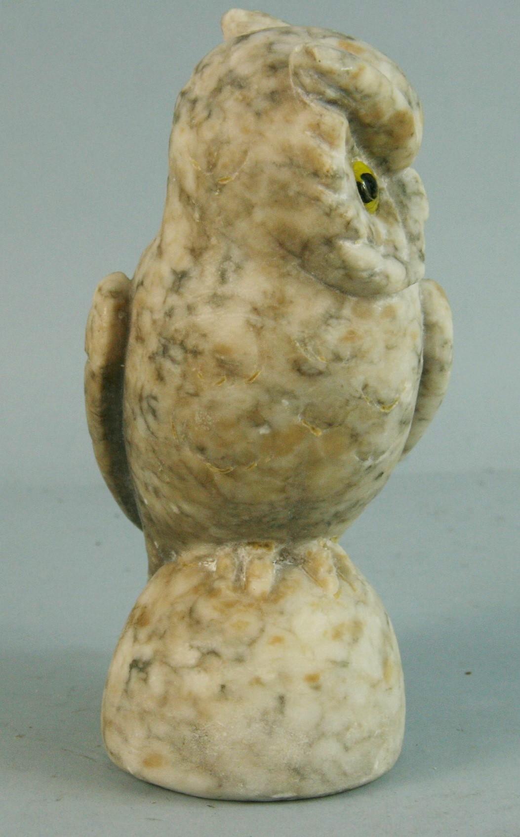 Mid-20th Century Italian Hand Carved Alabaster Garden  Owl Sculpture with Glass Eyes