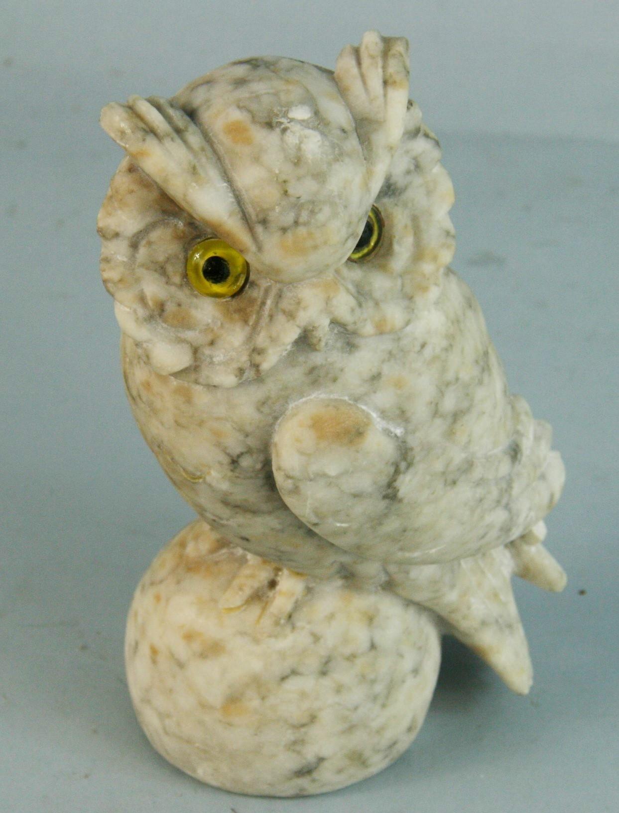 Italian Hand Carved Alabaster Garden  Owl Sculpture with Glass Eyes 1