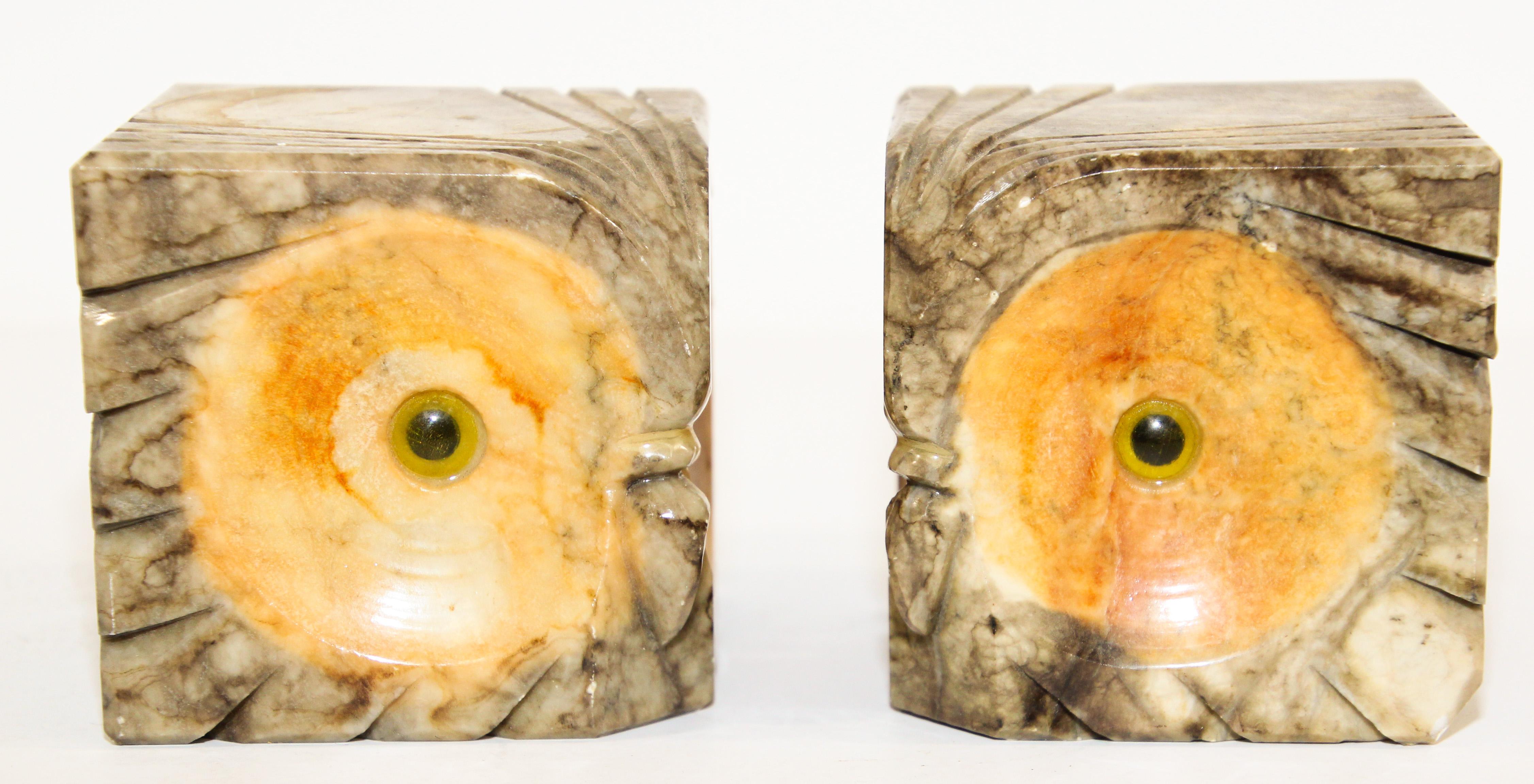 Marble Italian Hand-Carved Alabaster Sculpture Owl Bookends