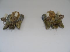 Italian Hand Carved and Painted Cherub Angel Wood Polychrome Sconces circa 1940