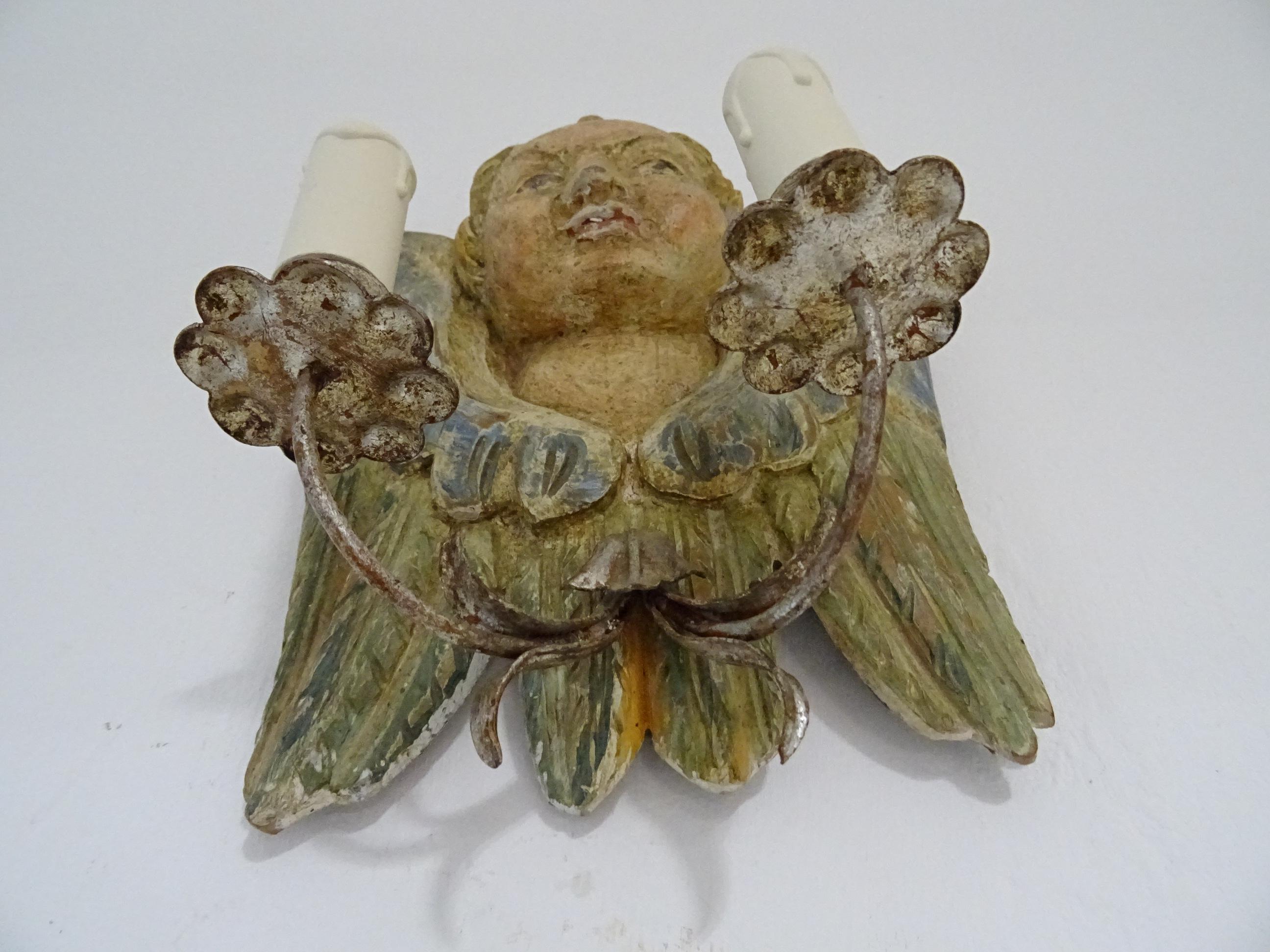 Mid-20th Century Italian Hand Carved and Painted Cherub Angel Wood Polychrome Sconces circa 1940 For Sale