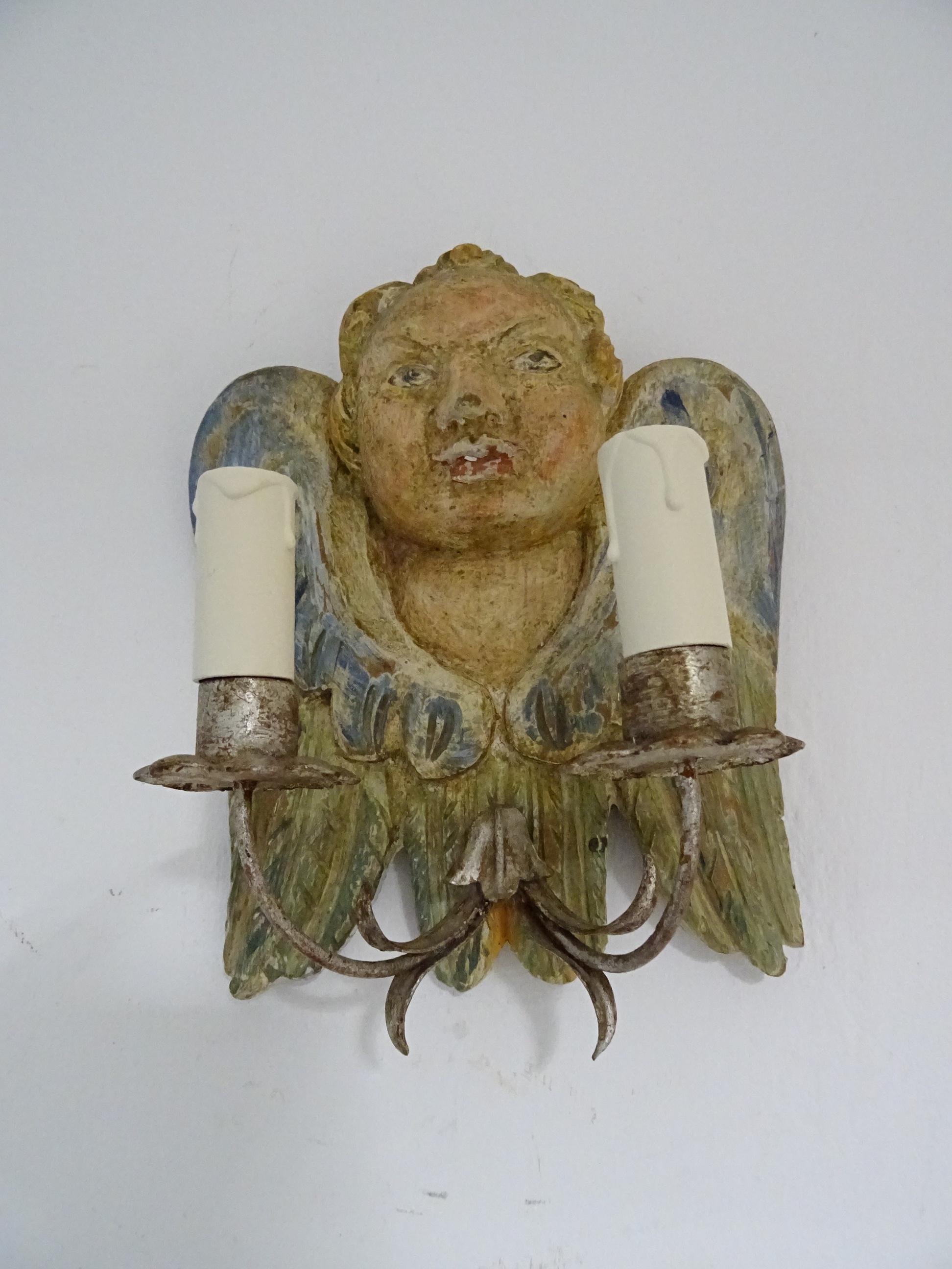 Italian Hand Carved and Painted Cherub Angel Wood Polychrome Sconces circa 1940 For Sale 1