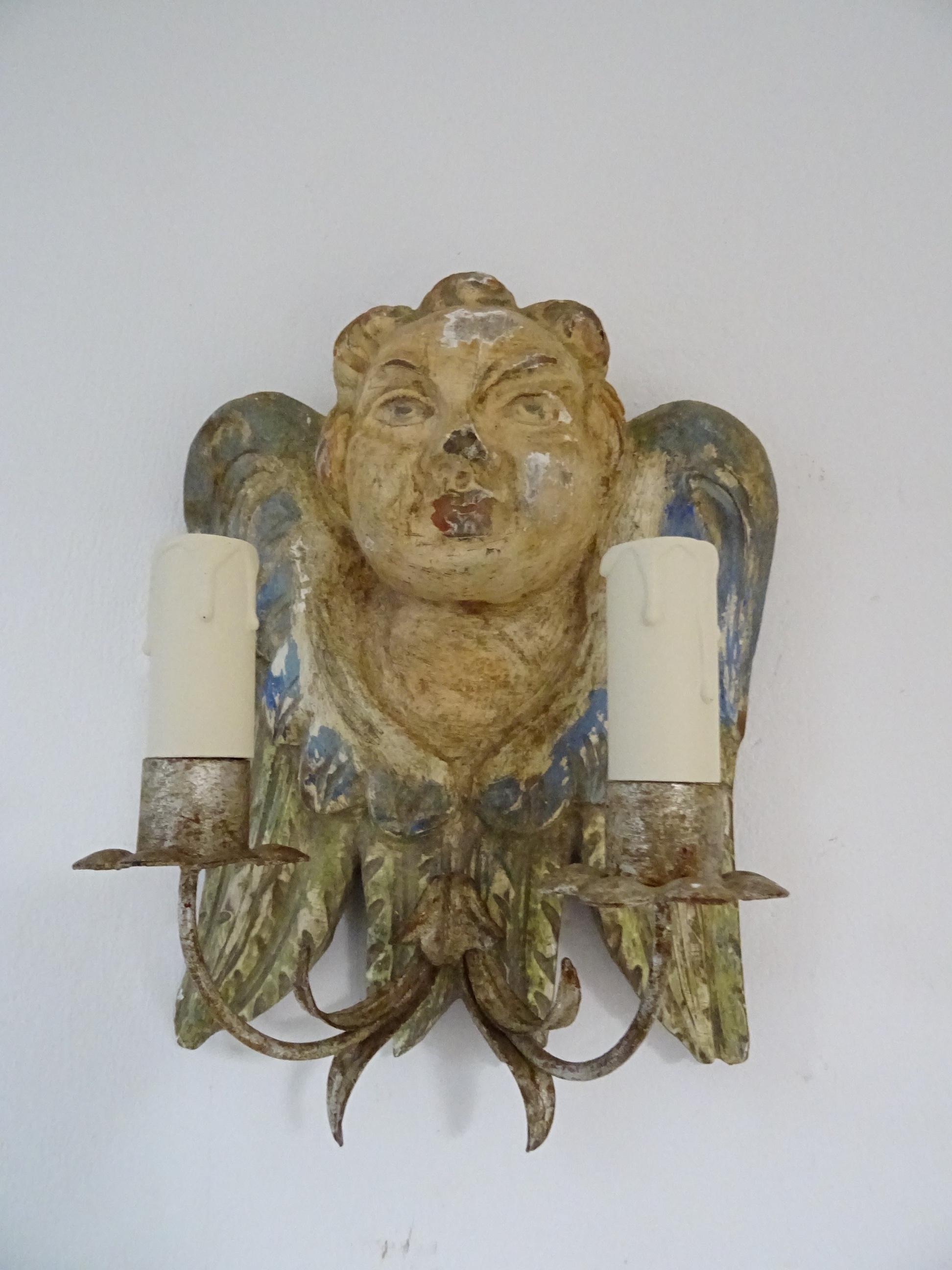 Italian Hand Carved and Painted Cherub Angel Wood Polychrome Sconces circa 1940 For Sale 2