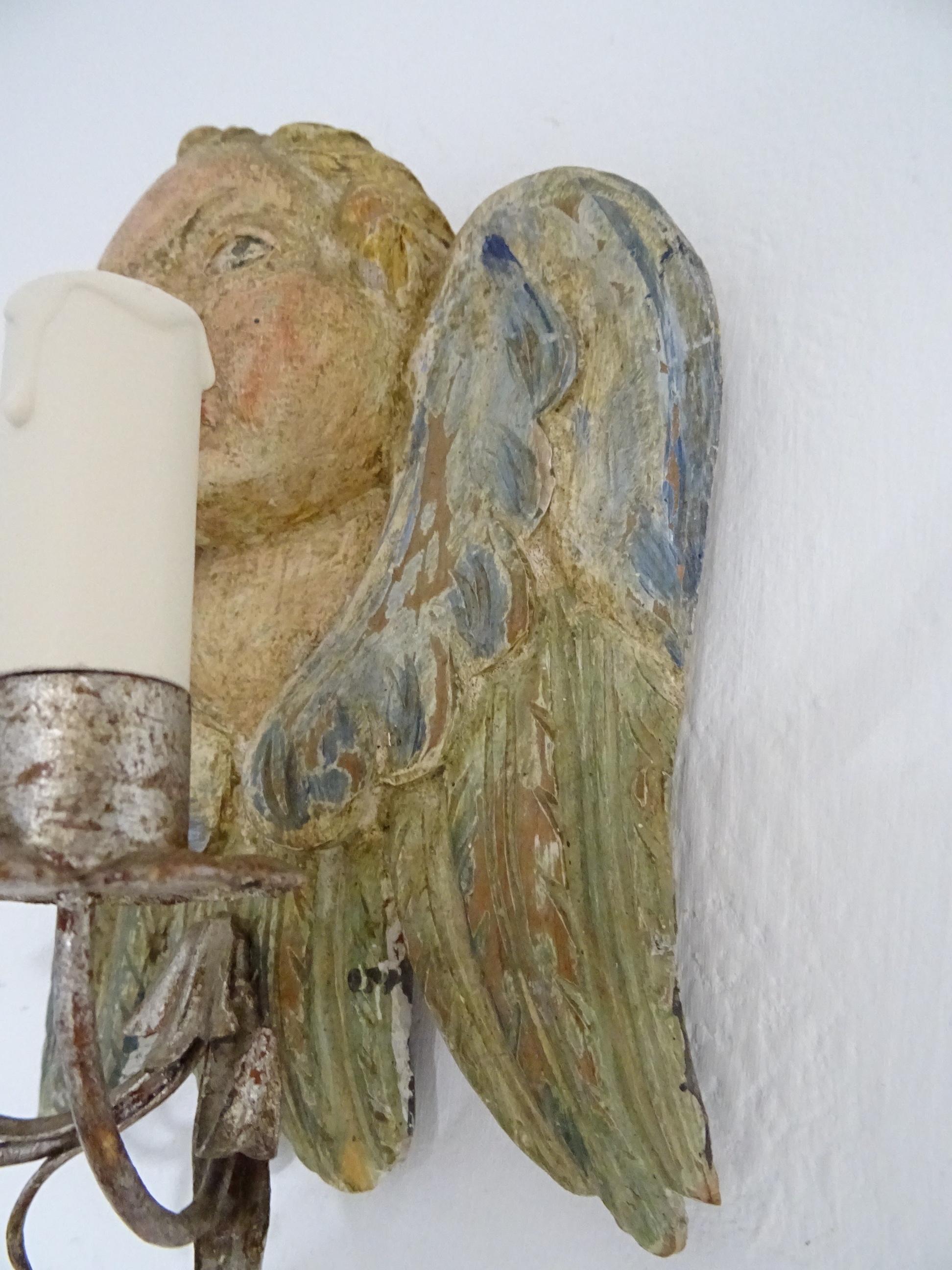 Italian Hand Carved and Painted Cherub Angel Wood Polychrome Sconces circa 1940 For Sale 3