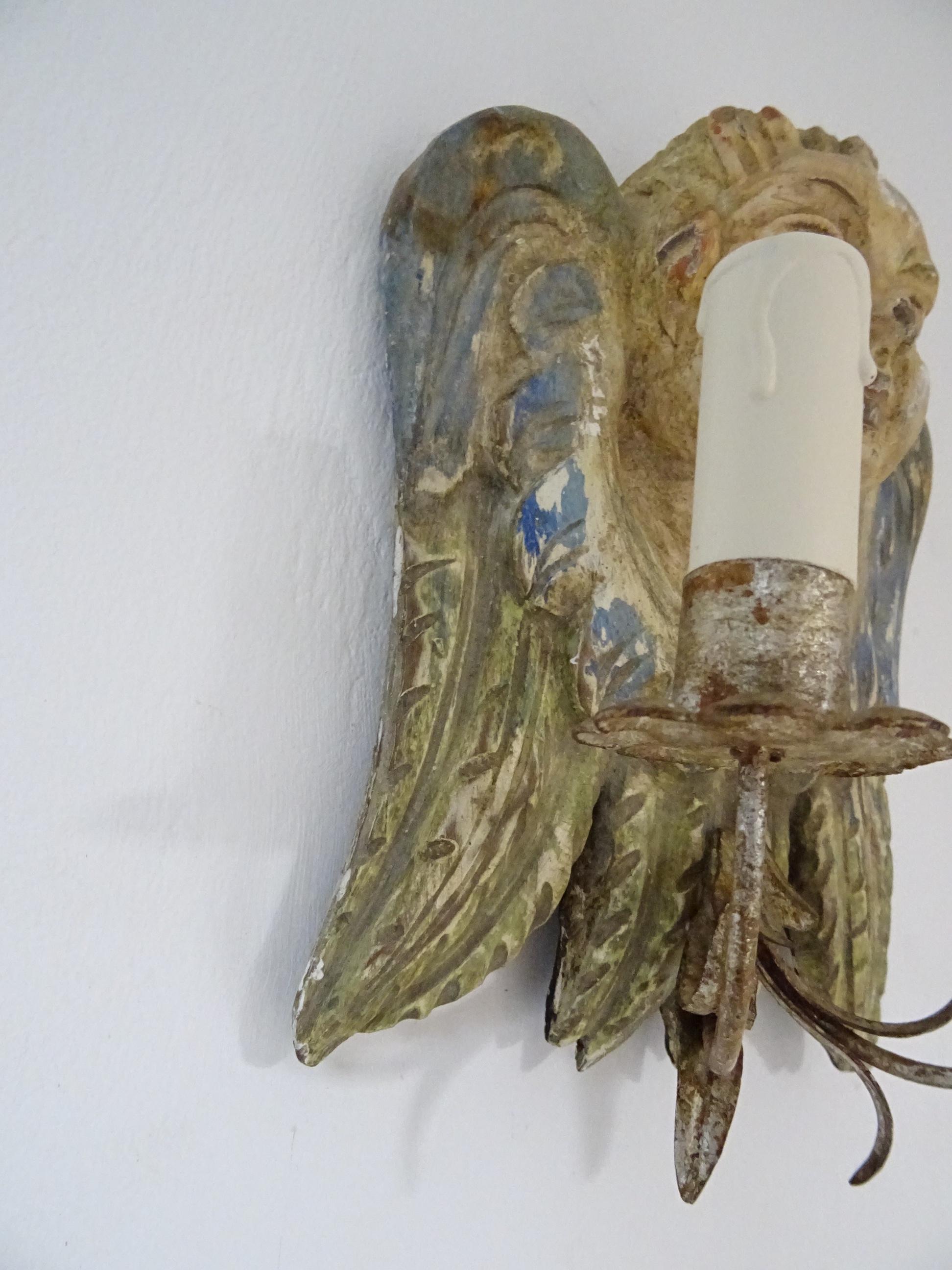 Italian Hand Carved and Painted Cherub Angel Wood Polychrome Sconces circa 1940 For Sale 4