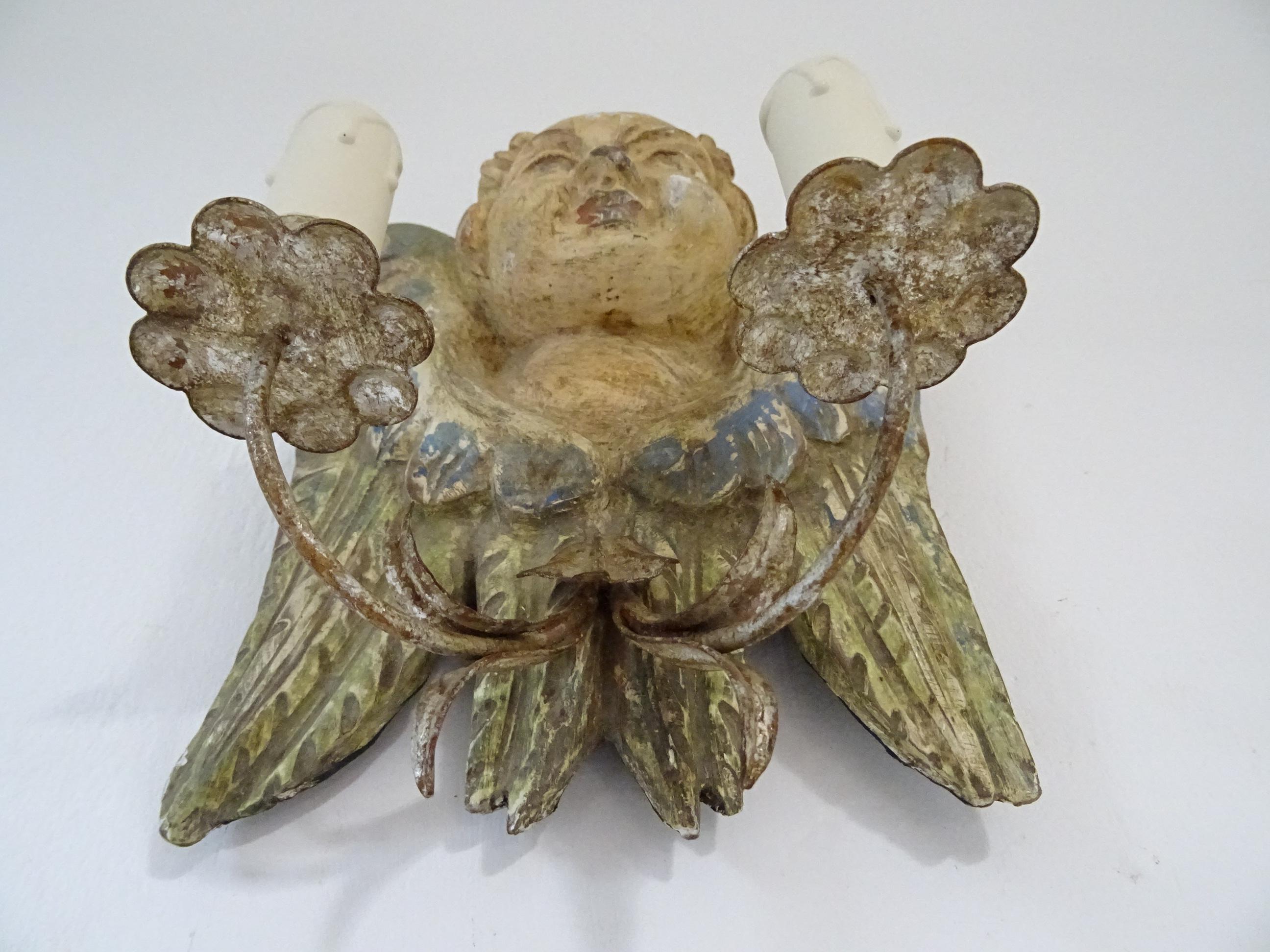 Italian Hand Carved and Painted Cherub Angel Wood Polychrome Sconces circa 1940 For Sale 5