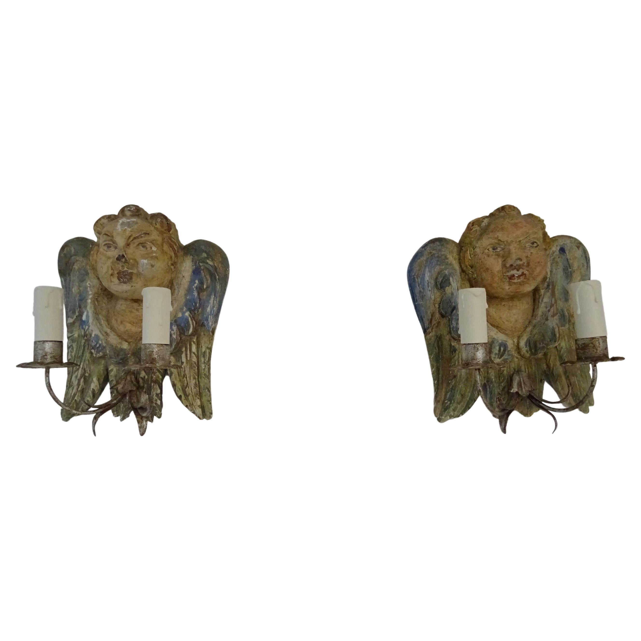 Italian Hand Carved and Painted Cherub Angel Wood Polychrome Sconces circa 1940 For Sale