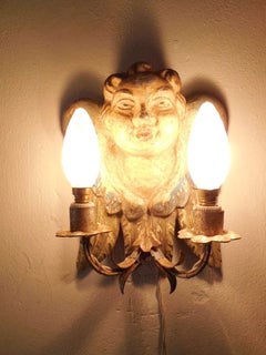 Italian Hand Carved and Painted Cherub Angel Wood Polychrome Sconces